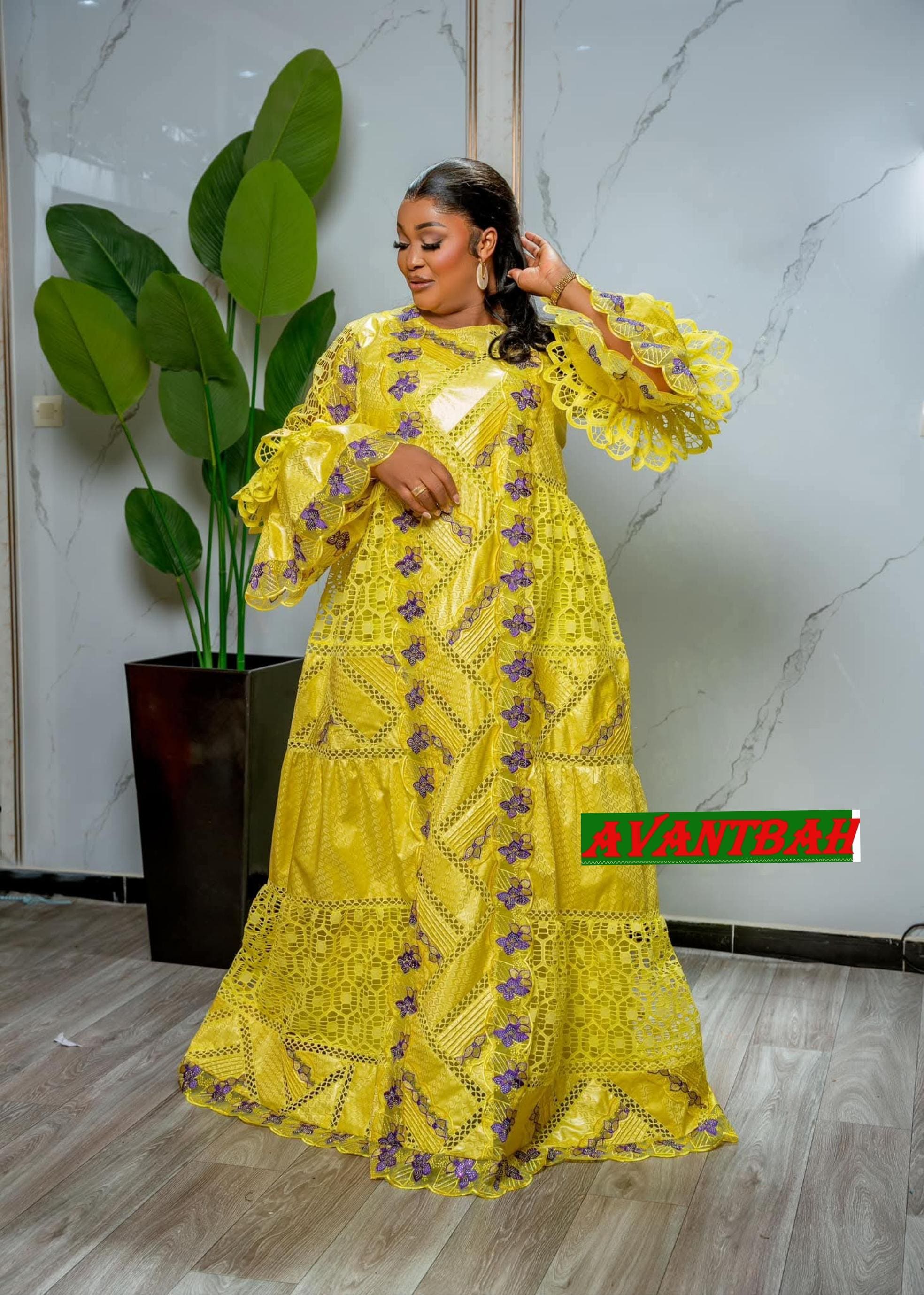 African Bazin Riche Lace Mix Abaya Dress | Elegant Embroidered Grand Bubu, Yellow Head Scarf