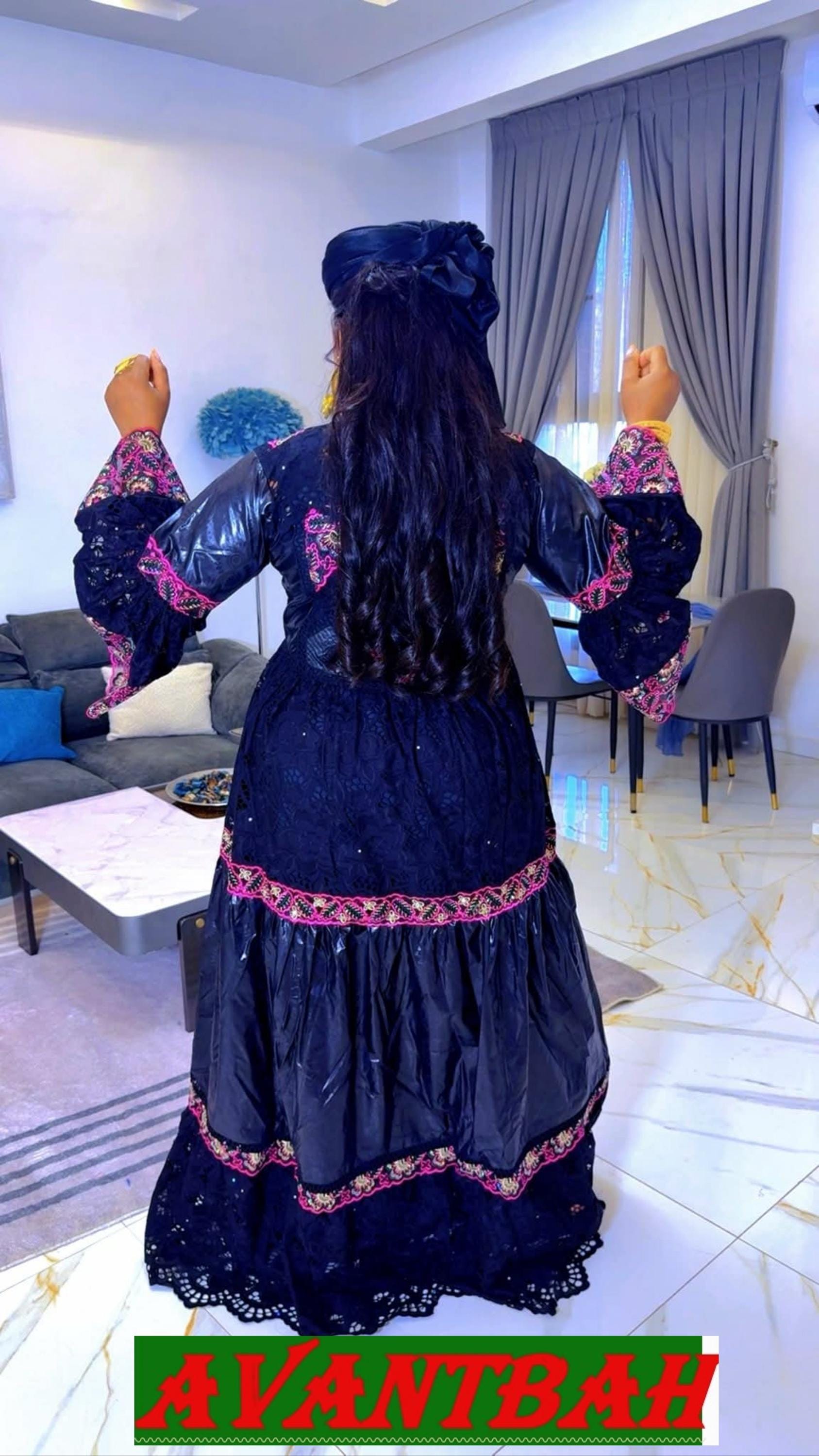 African Bazin Riche Lace Mix Abaya Dress | Embroidered Grand Bubu, Head Scarf