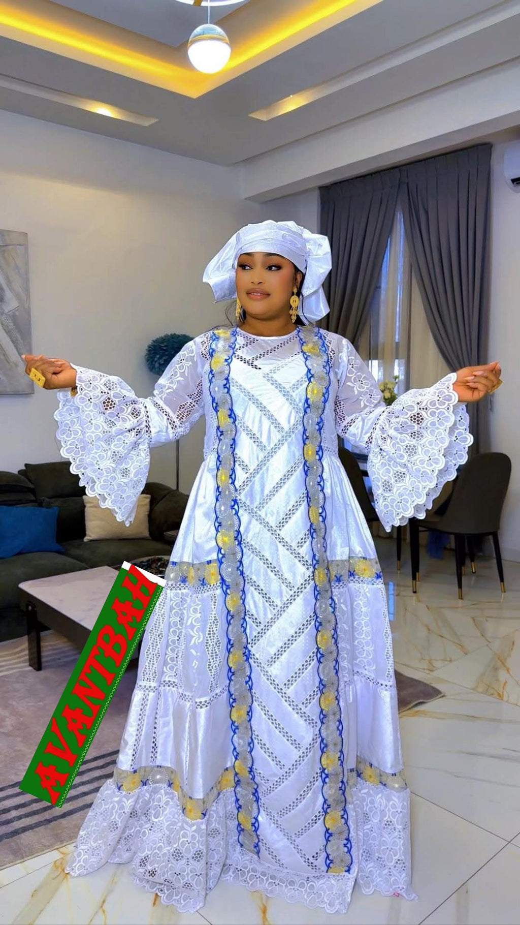 African Bazin Riche Lace Abaya Dress | Embroidered Grand Bubu, White Blue Head Scarf
