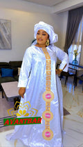 Bazin Riche Lace Abaya Dress | Embroidered Grand Bubu, White Gold Head Scarf