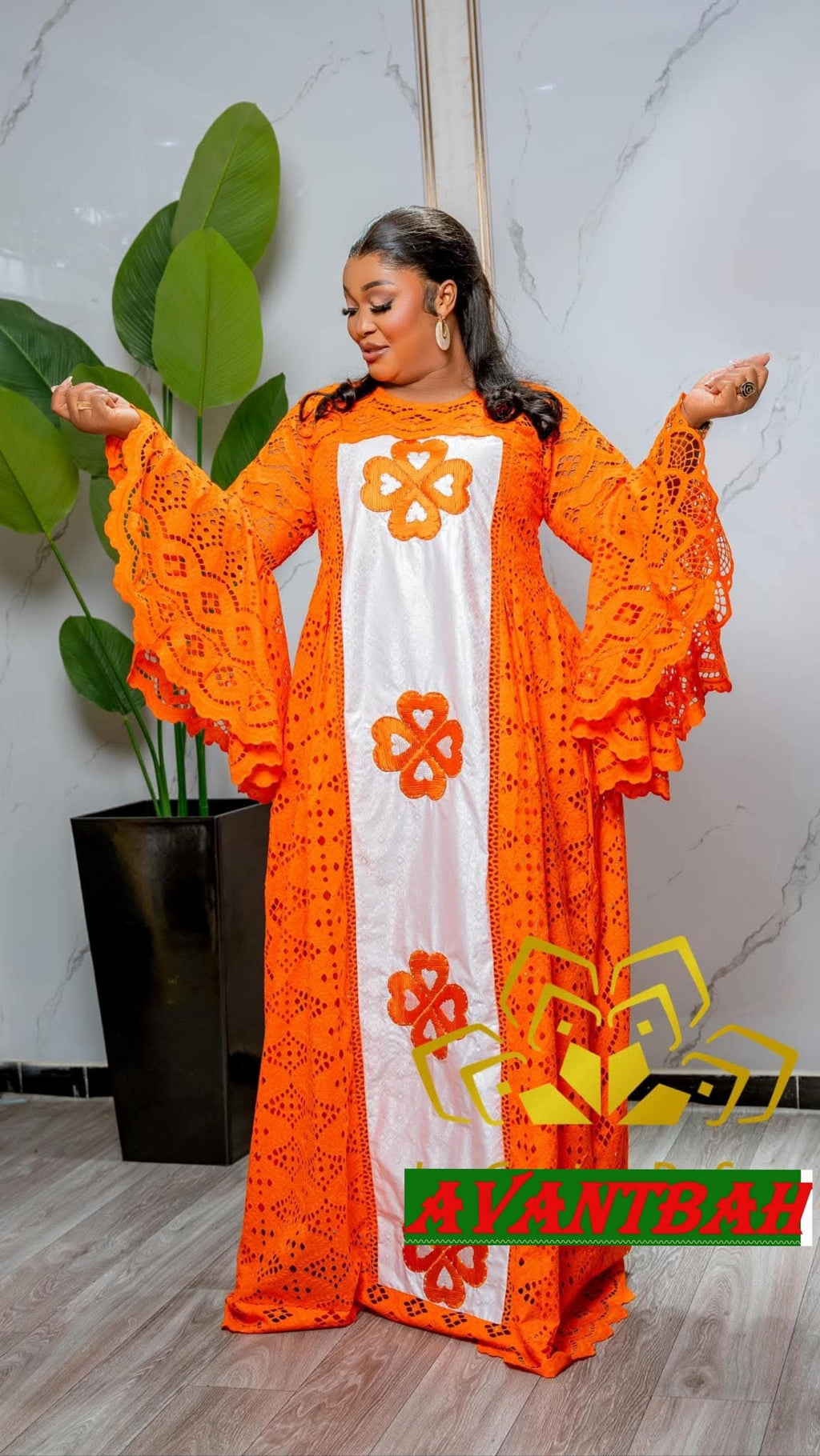 African Bazin Riche Lace Abaya Dress | Embroidered Grand Bubu, Orange Head Scarf