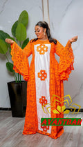 African Bazin Riche Lace Abaya Dress | Embroidered Grand Bubu, Orange Head Scarf