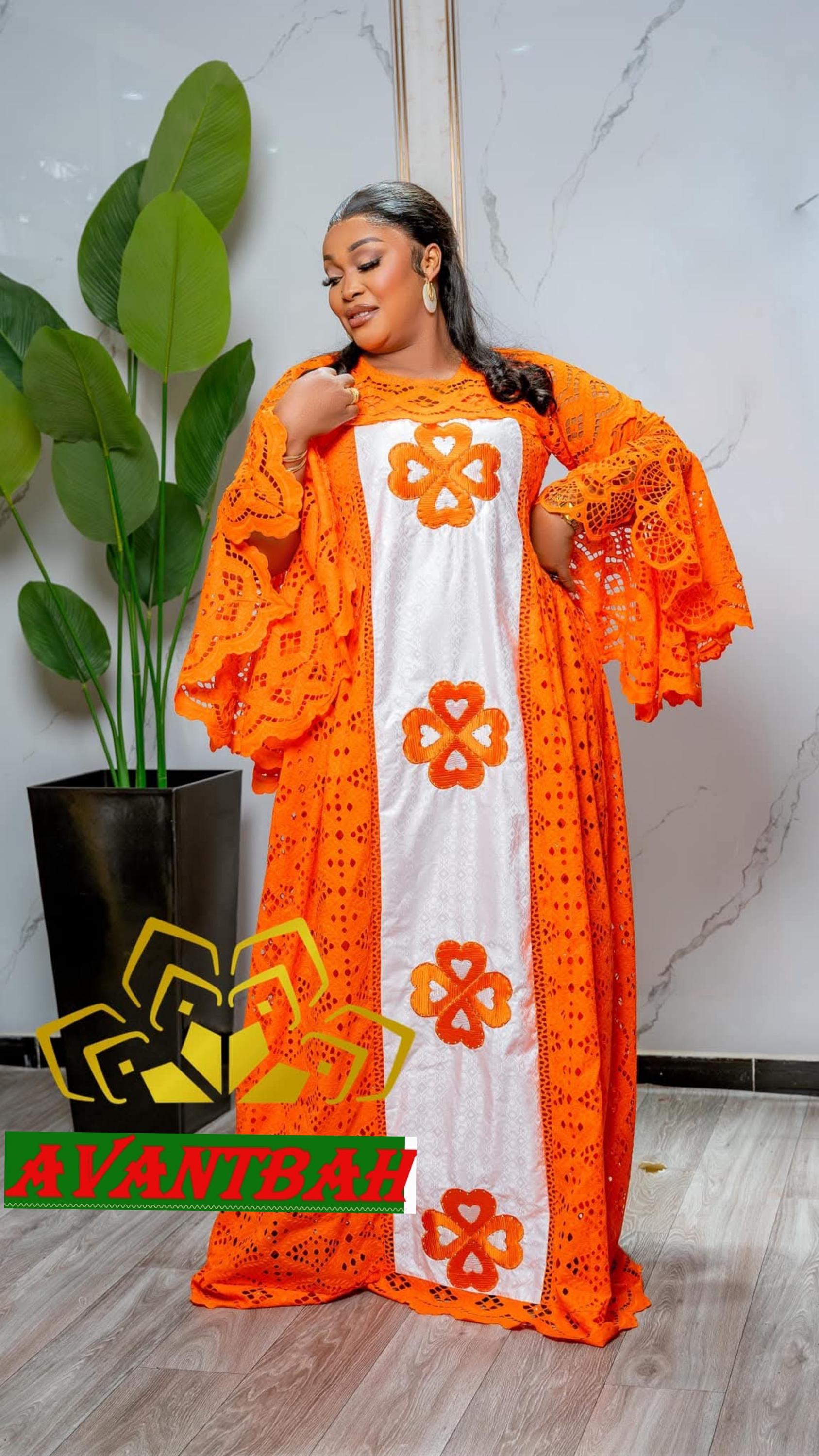 African Bazin Riche Lace Abaya Dress | Embroidered Grand Bubu, Orange Head Scarf