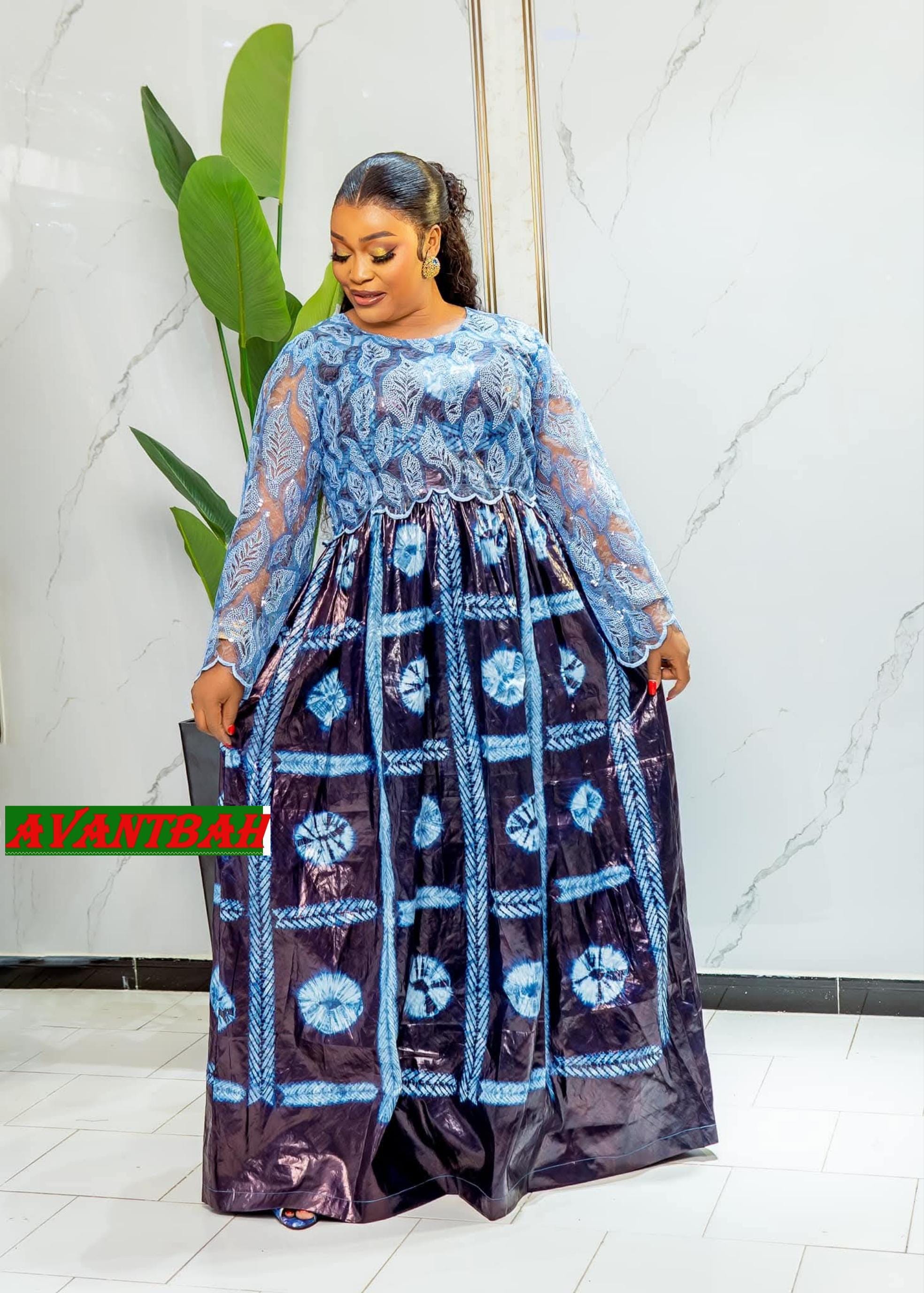 African Bazin Riche Lace Abaya Dress | Embroidered Grand Bubu, Blue Head Scarf
