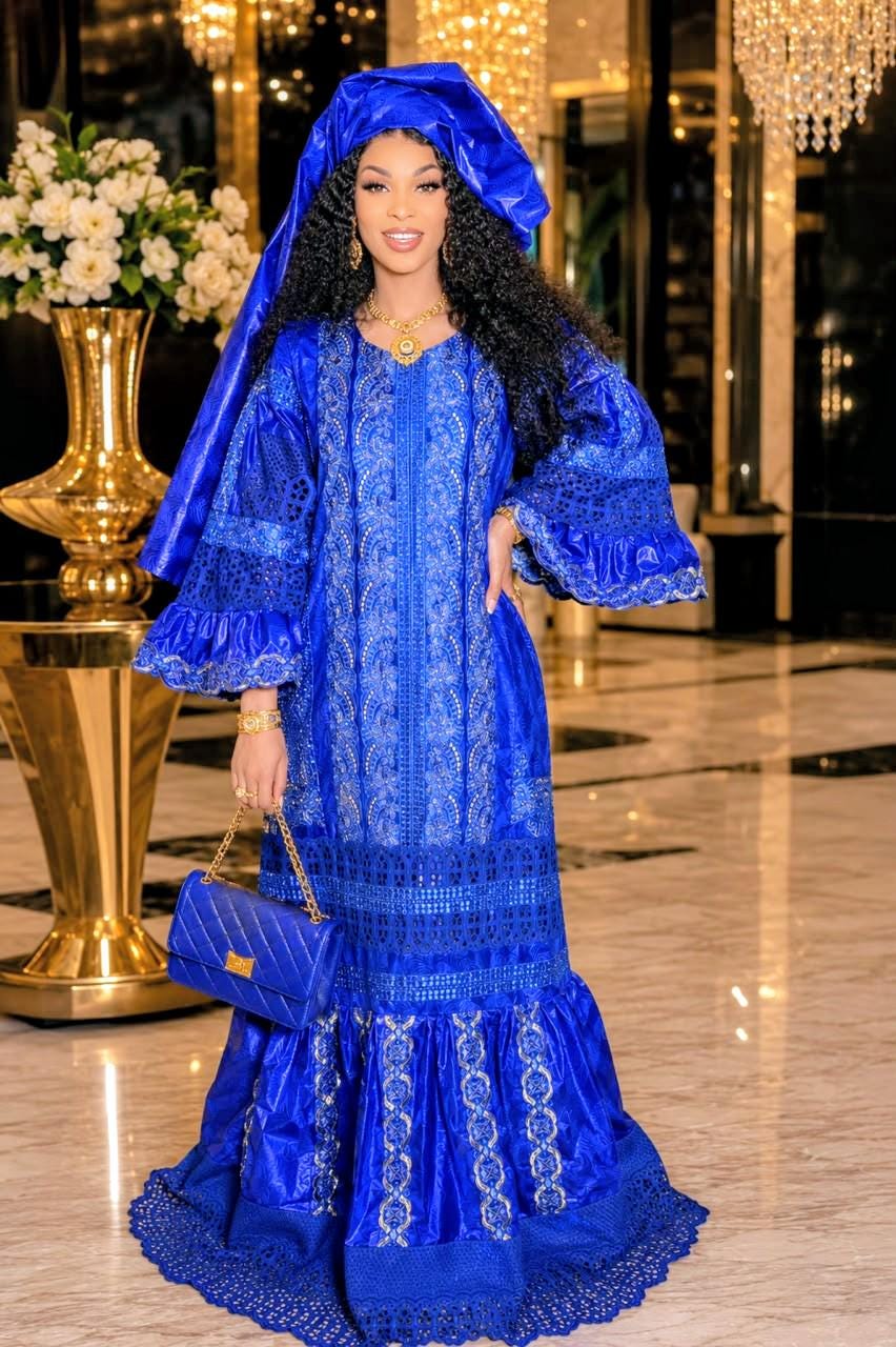 African Bazin Riche Lace Mix Abaya Dress | Elegant Embroidered Grand Bubu, Blue Head Scarf