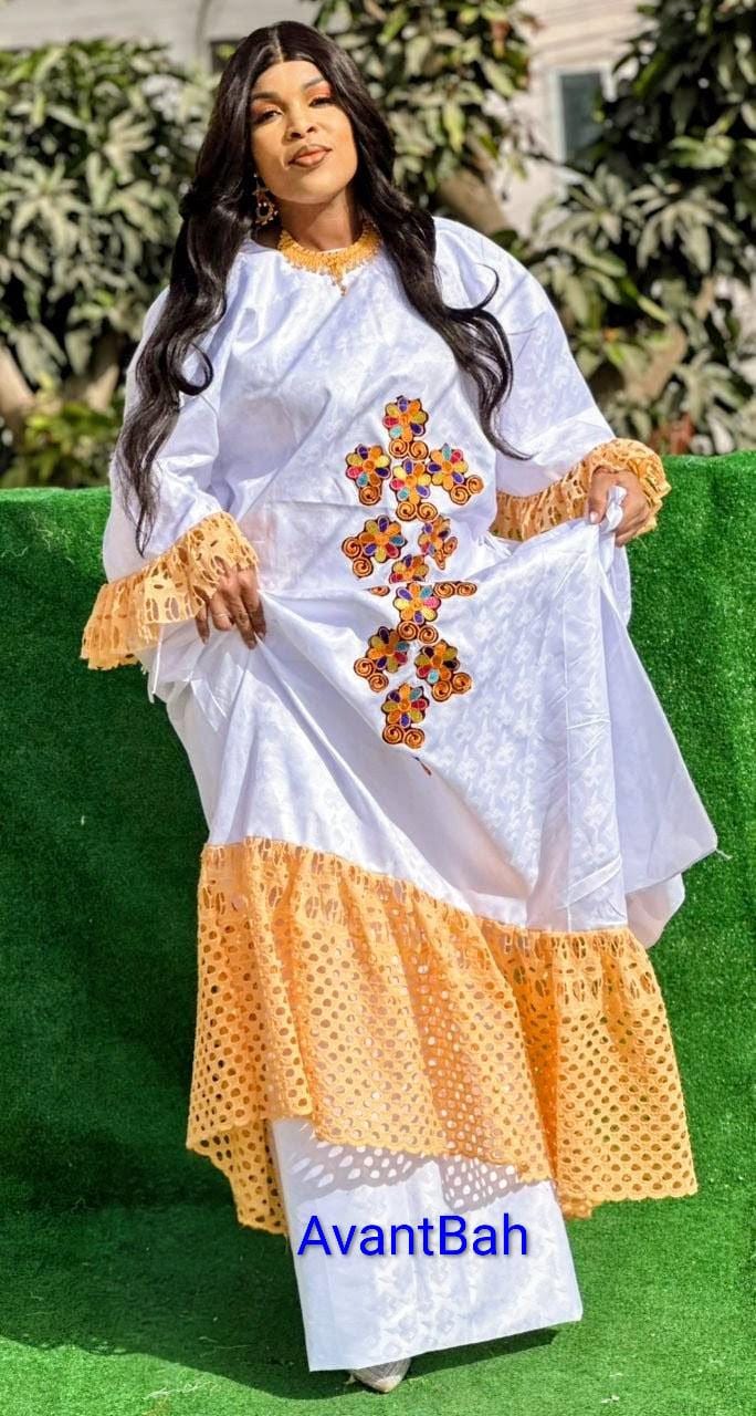 Traditional Women Voile Lace Gown Clothing Set | Bazin Riche Rapper, Scarf for Weddings/Parties