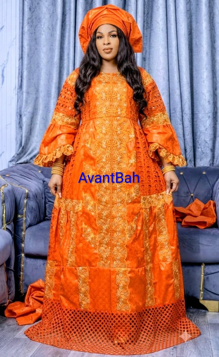 African Bazin Riche Lace Mix Abaya Dress | Elegant Embroidered Grand Bubu, Orange Head Scarf