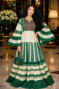African Bazin Riche Lace Mix Abaya Dress | Elegant Embroidered Grand Bubu, Green/Red Head Scarf