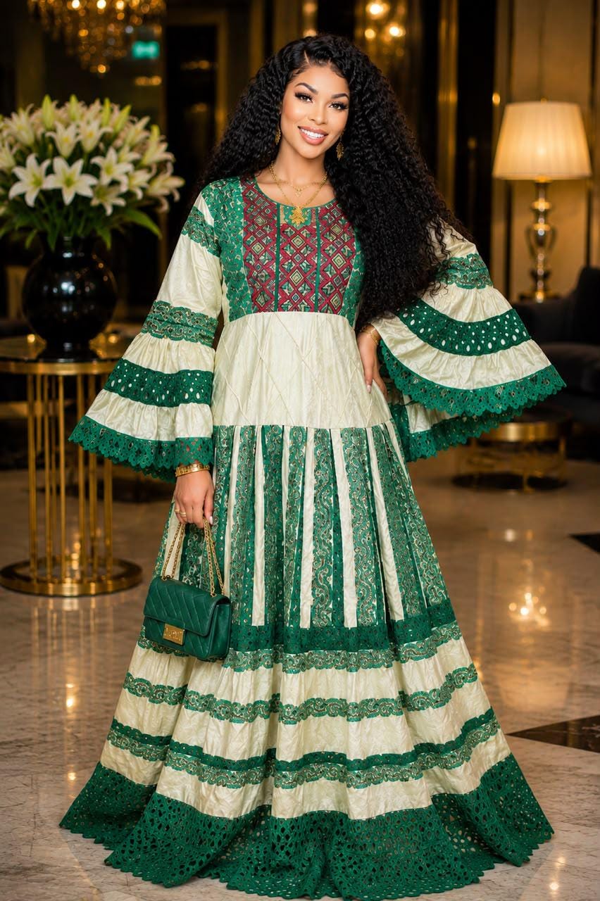 African Bazin Riche Lace Mix Abaya Dress | Elegant Embroidered Grand Bubu, Green/Red Head Scarf