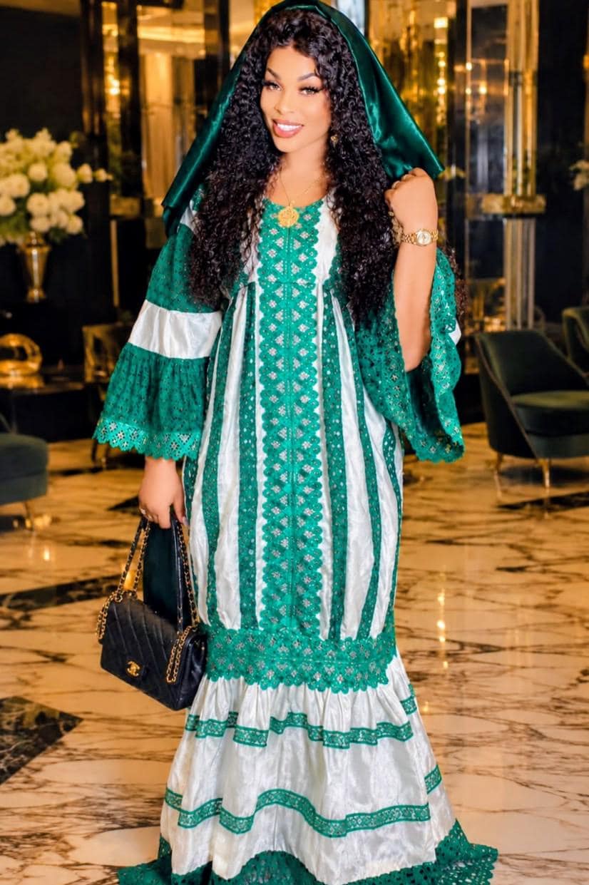 African Bazin Riche Lace Mix Abaya Dress | Elegant Embroidered Grand Bubu, Green Head Scarf