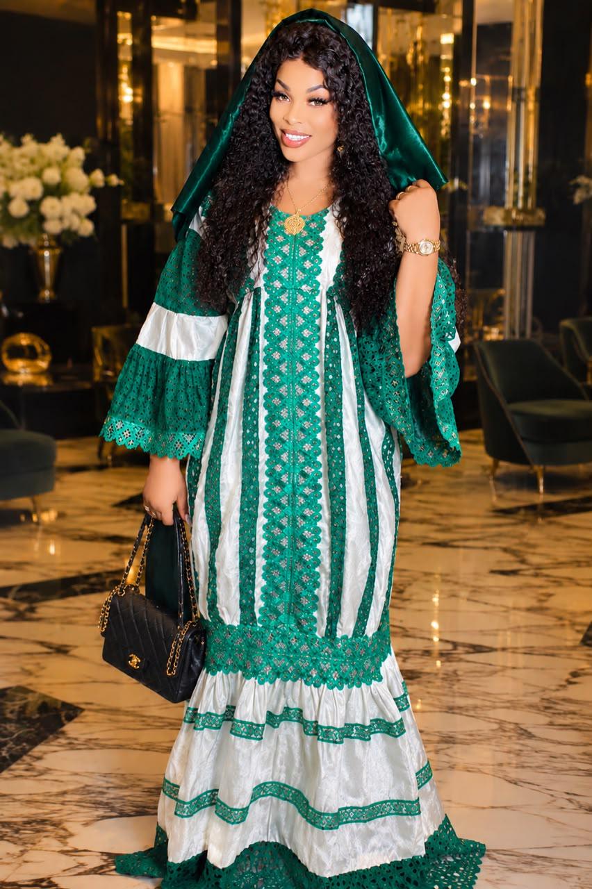 African Bazin Riche Lace Mix Abaya Dress | Elegant Embroidered Grand Bubu, Green Head Scarf