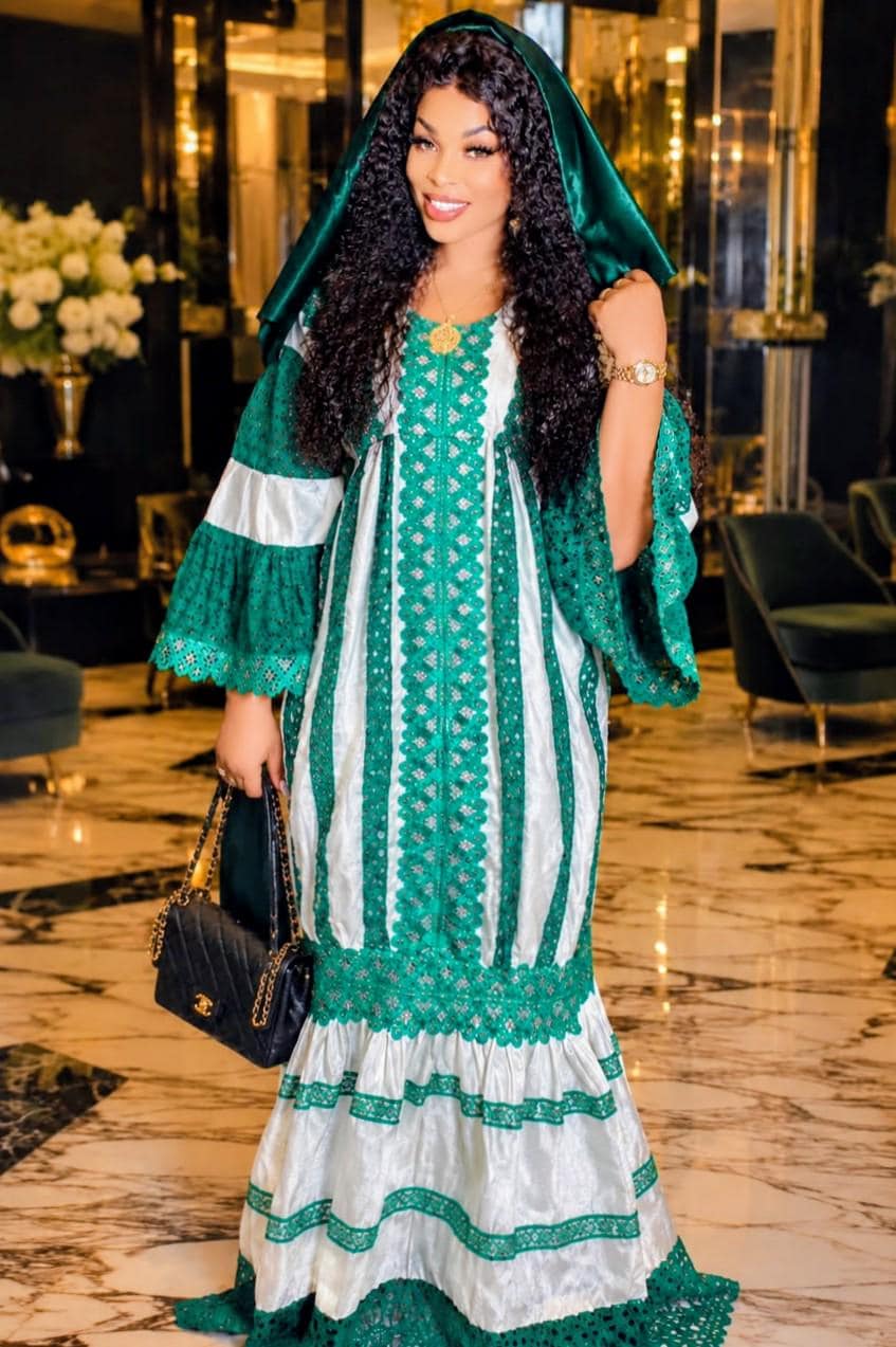 African Bazin Riche Lace Mix Abaya Dress | Elegant Embroidered Grand Bubu, Green Head Scarf