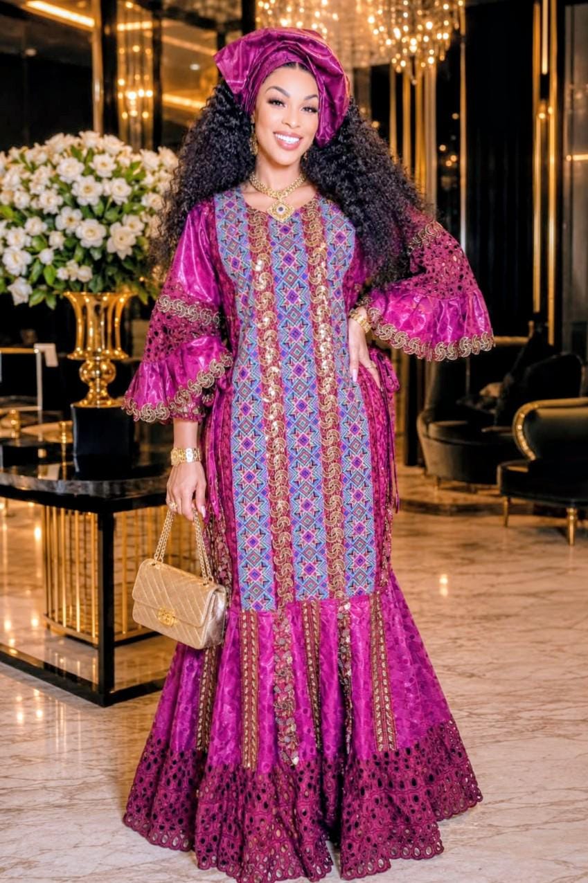 African Bazin Riche Lace Mix Abaya Dress | Elegant Embroidered Grand Bubu, Purple/Blue Head Scarf