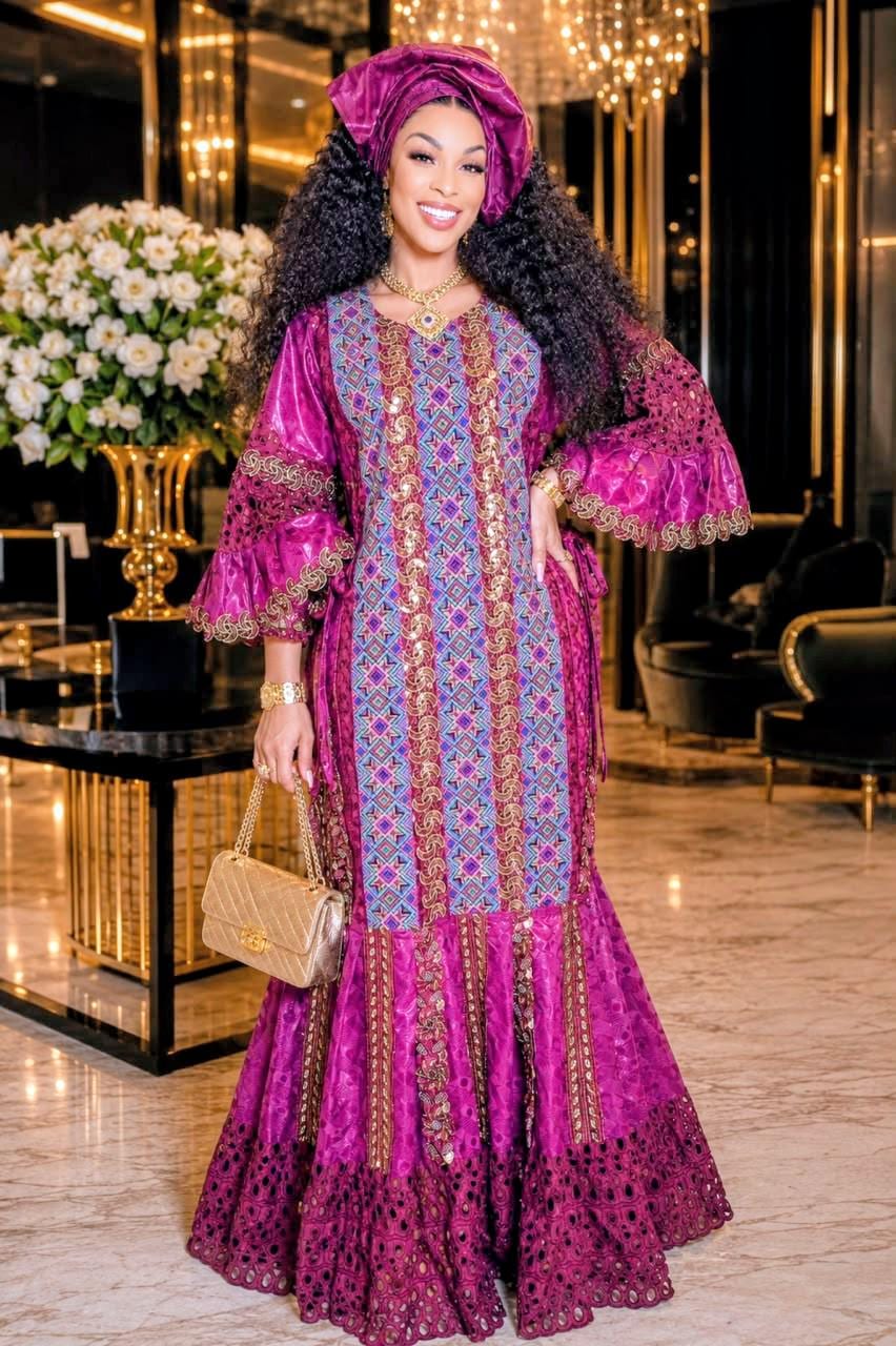 African Bazin Riche Lace Mix Abaya Dress | Elegant Embroidered Grand Bubu, Purple/Blue Head Scarf