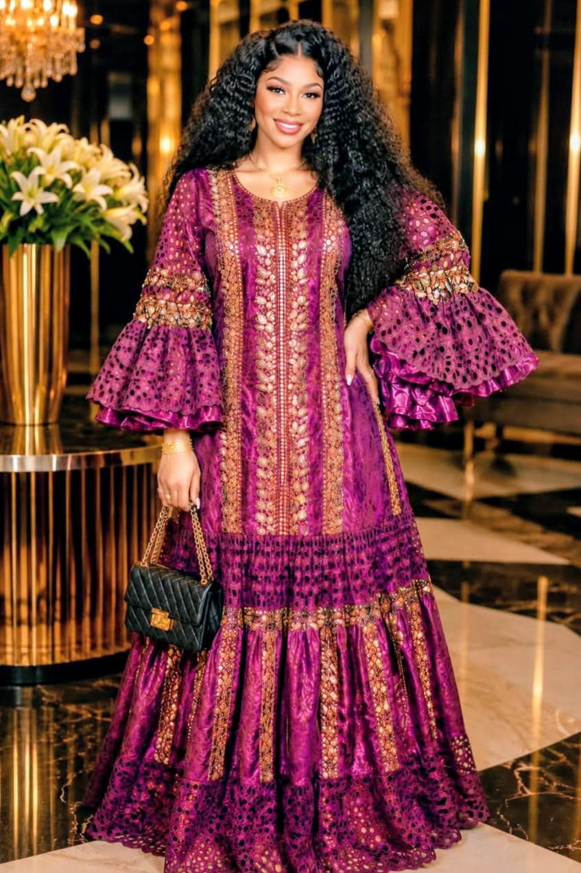 African Bazin Riche Lace Mix Abaya Dress | Elegant Embroidered Grand Bubu, Purple Head Scarf