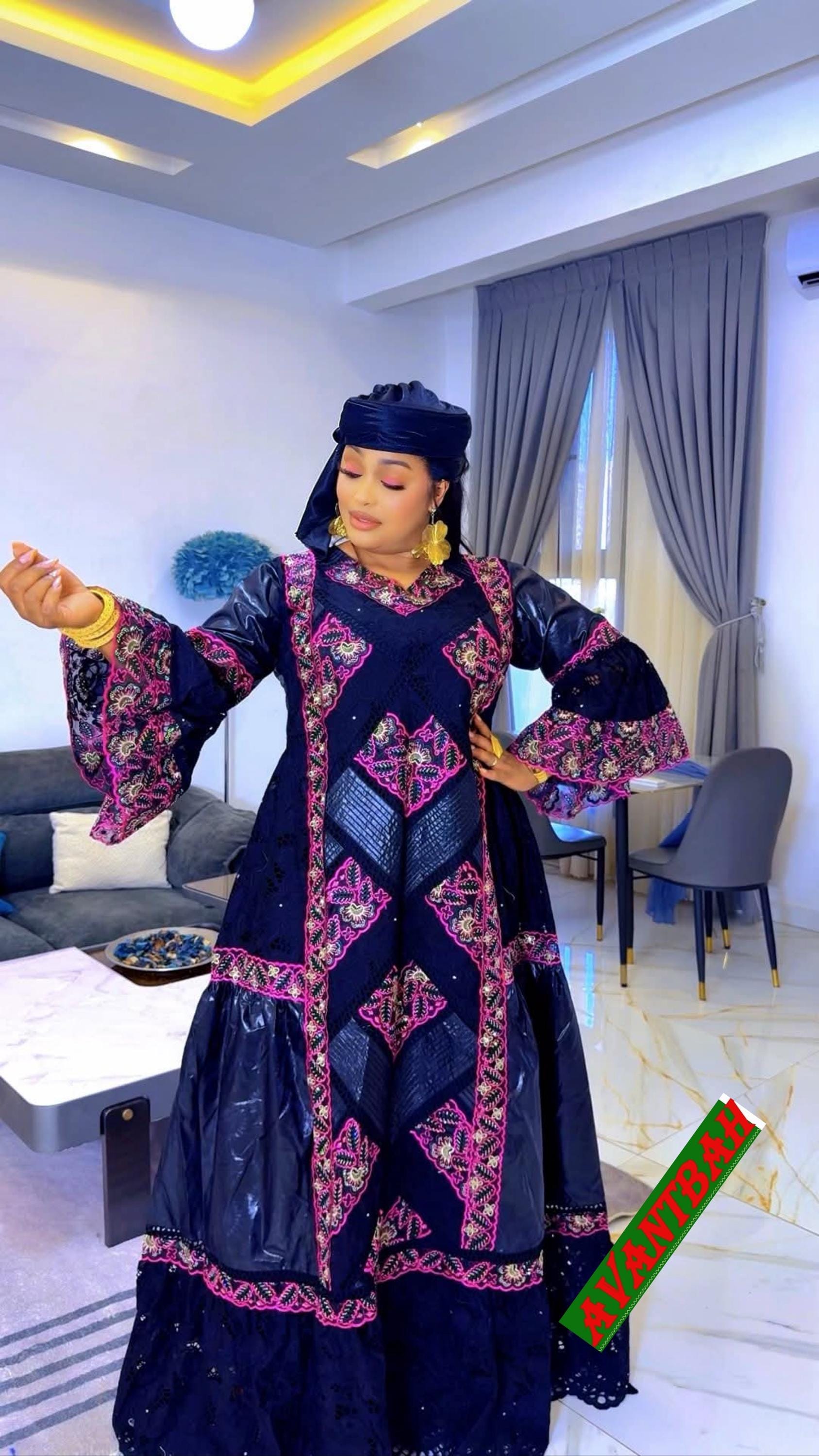 African Bazin Riche Lace Mix Abaya Dress | Embroidered Grand Bubu, Head Scarf