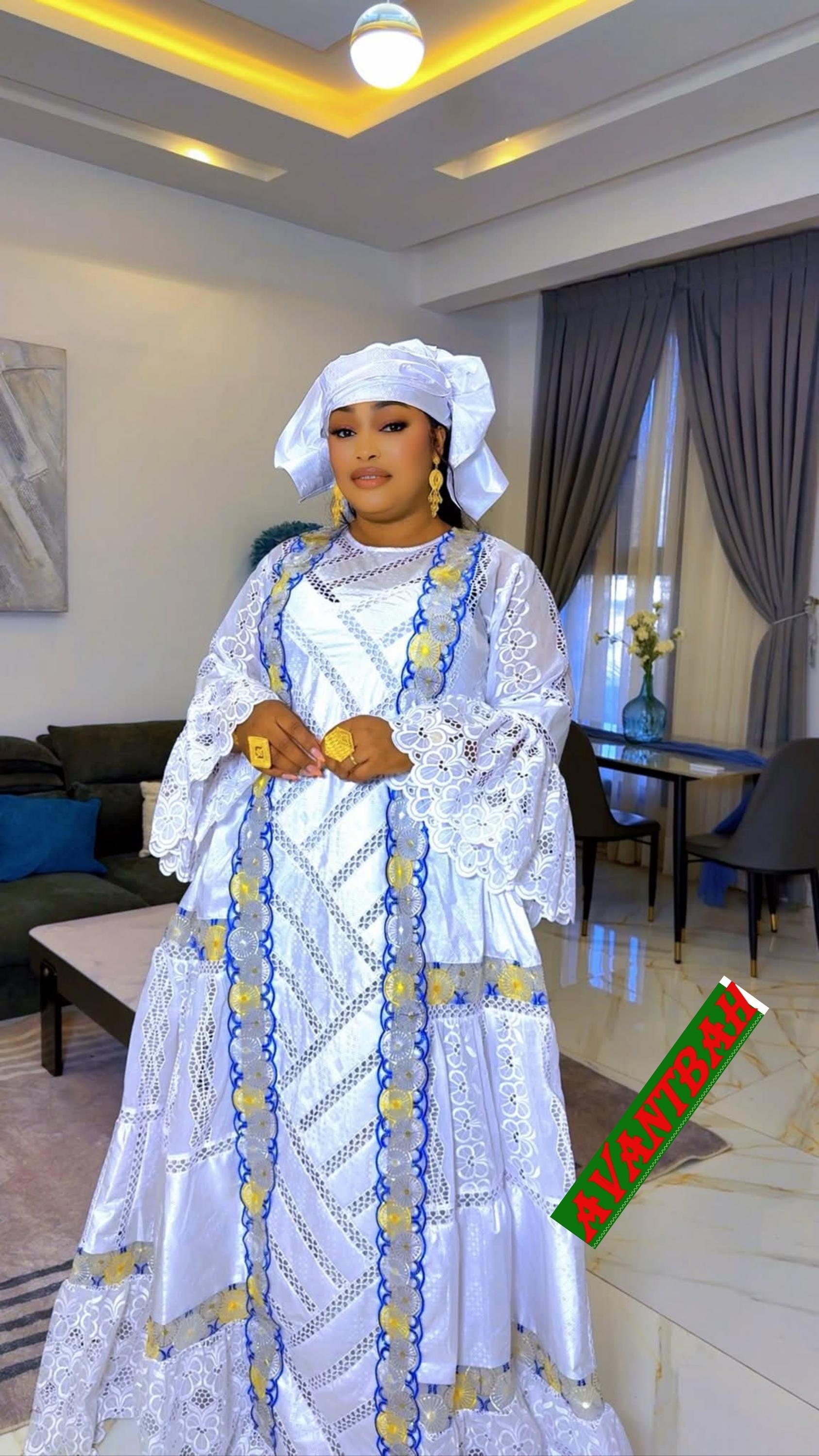 African Bazin Riche Lace Abaya Dress | Embroidered Grand Bubu, White Blue Head Scarf