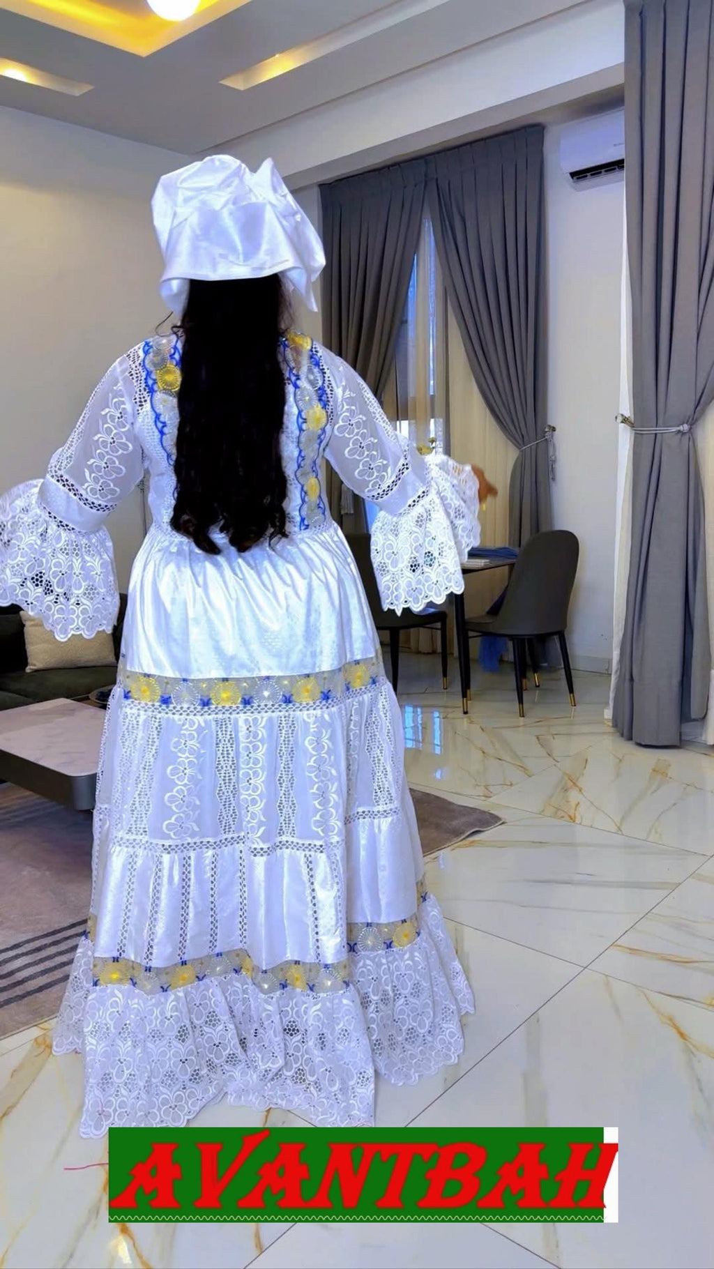 African Bazin Riche Lace Abaya Dress | Embroidered Grand Bubu, White Blue Head Scarf