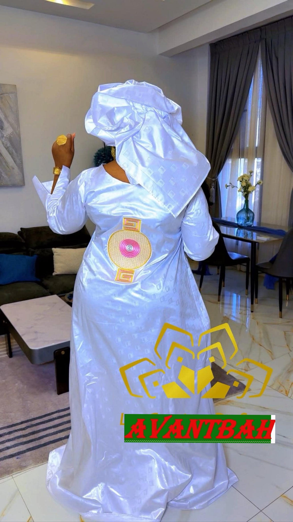 Bazin Riche Lace Abaya Dress | Embroidered Grand Bubu, White Gold Head Scarf