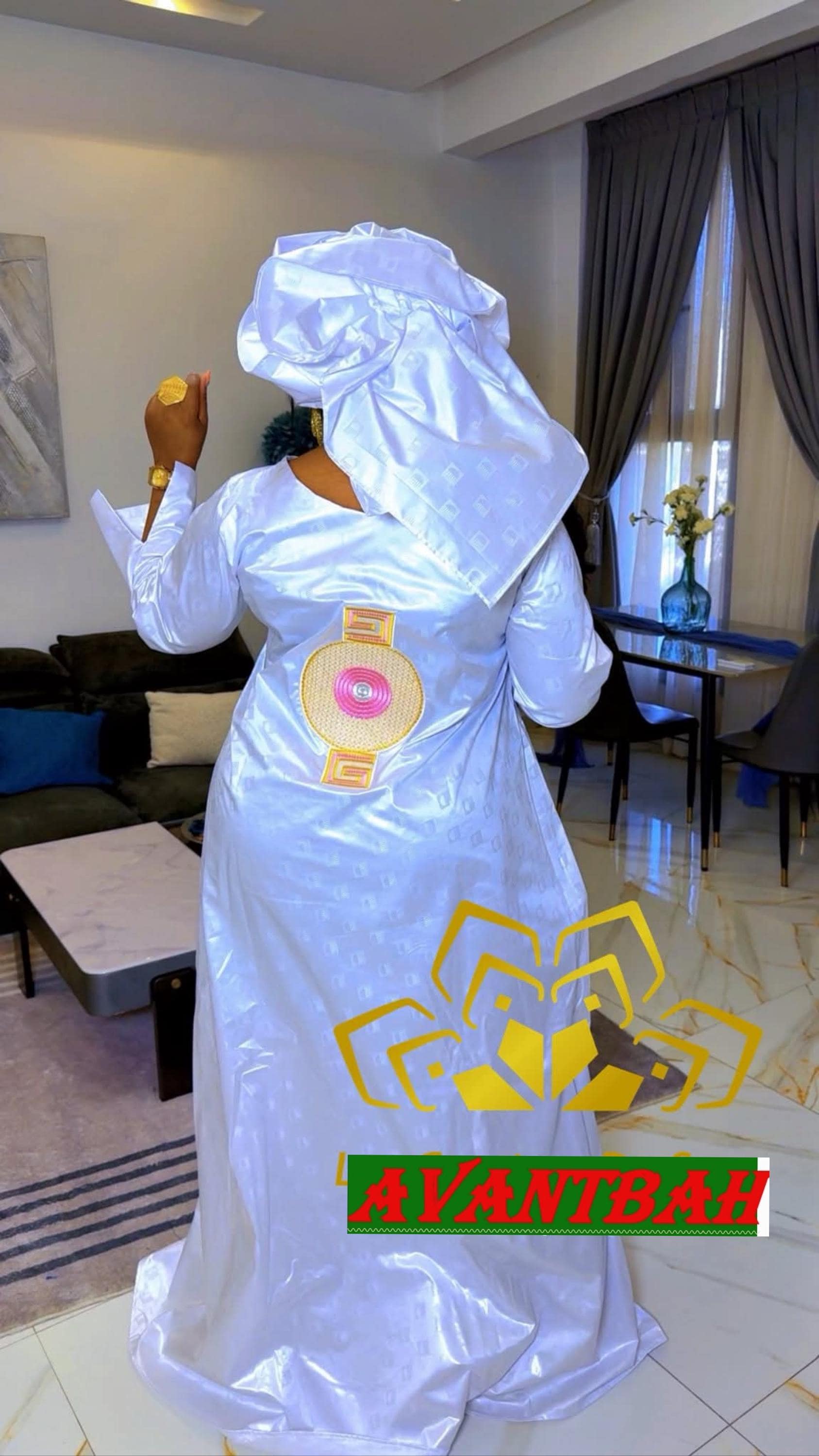Bazin Riche Lace Abaya Dress | Embroidered Grand Bubu, White Gold Head Scarf