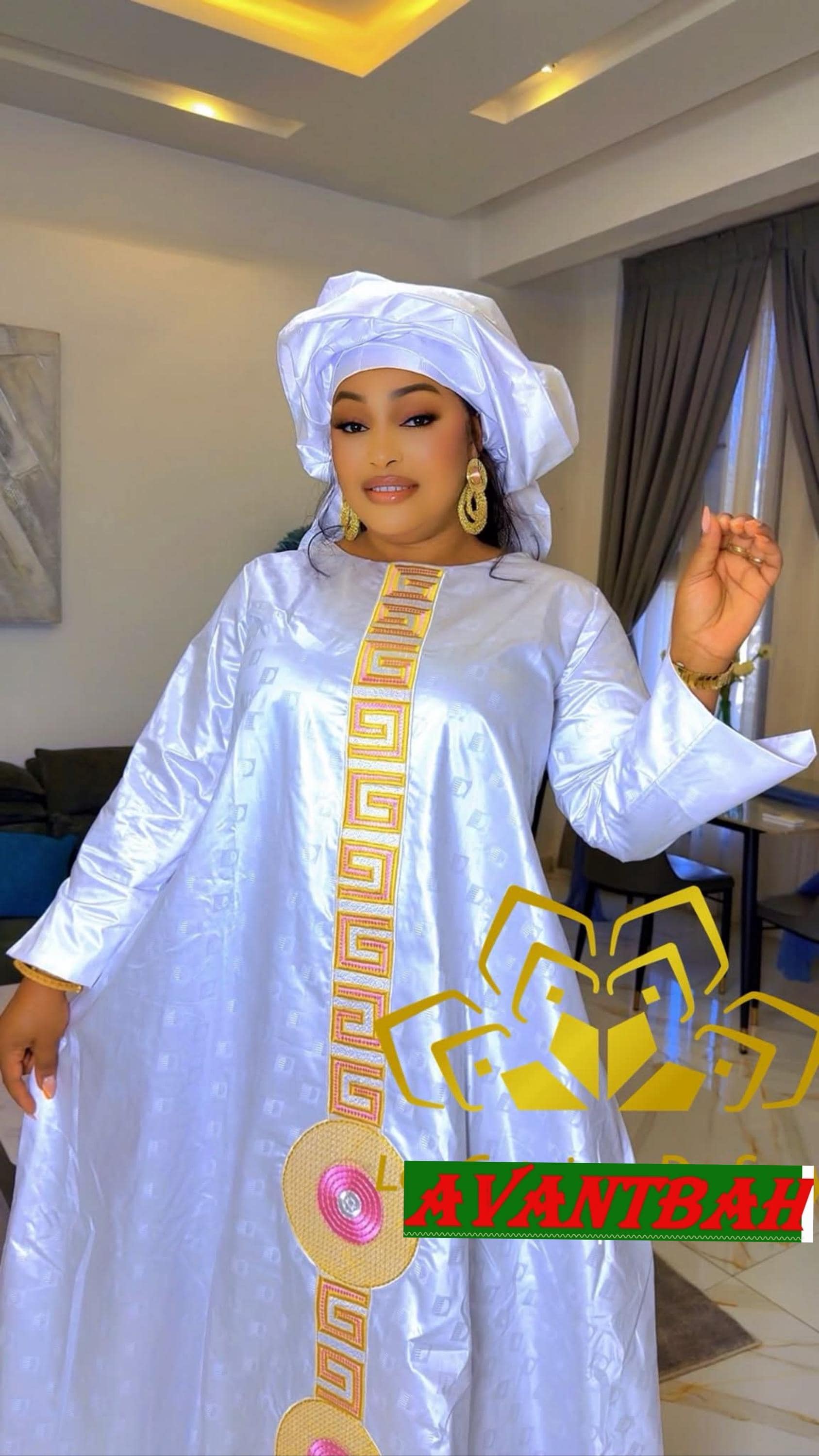 Bazin Riche Lace Abaya Dress | Embroidered Grand Bubu, White Gold Head Scarf