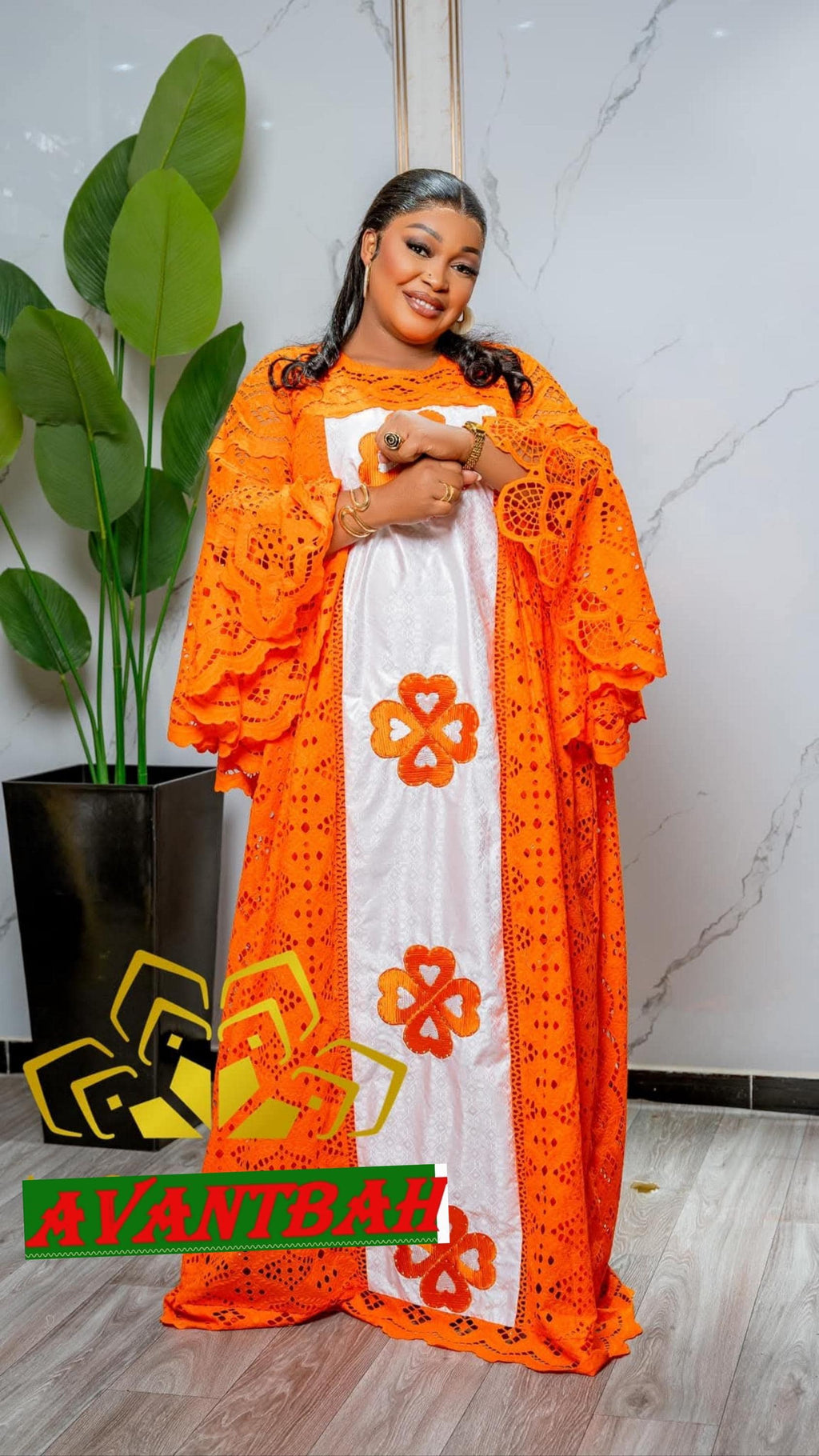 African Bazin Riche Lace Abaya Dress | Embroidered Grand Bubu, Orange Head Scarf