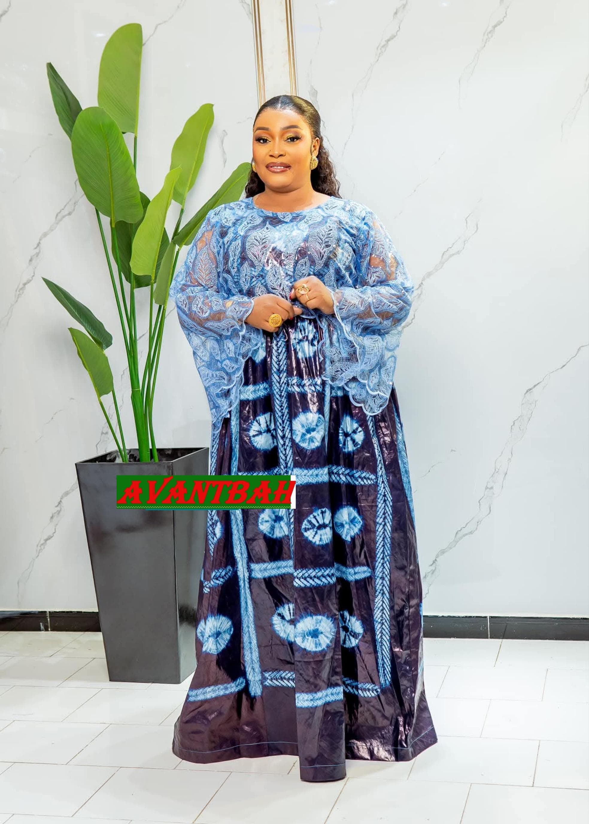 African Bazin Riche Lace Abaya Dress | Embroidered Grand Bubu, Blue Head Scarf