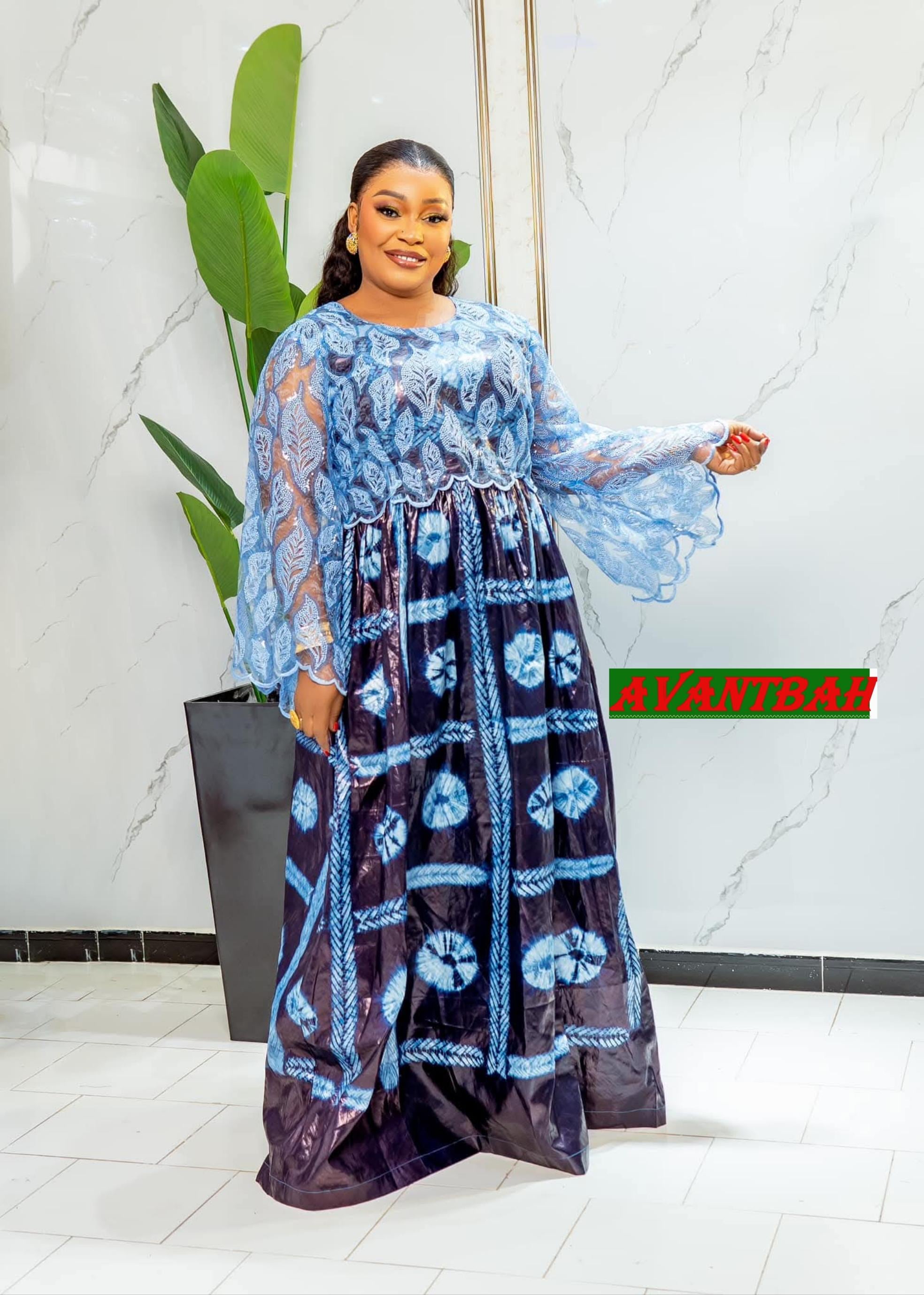 African Bazin Riche Lace Abaya Dress | Embroidered Grand Bubu, Blue Head Scarf