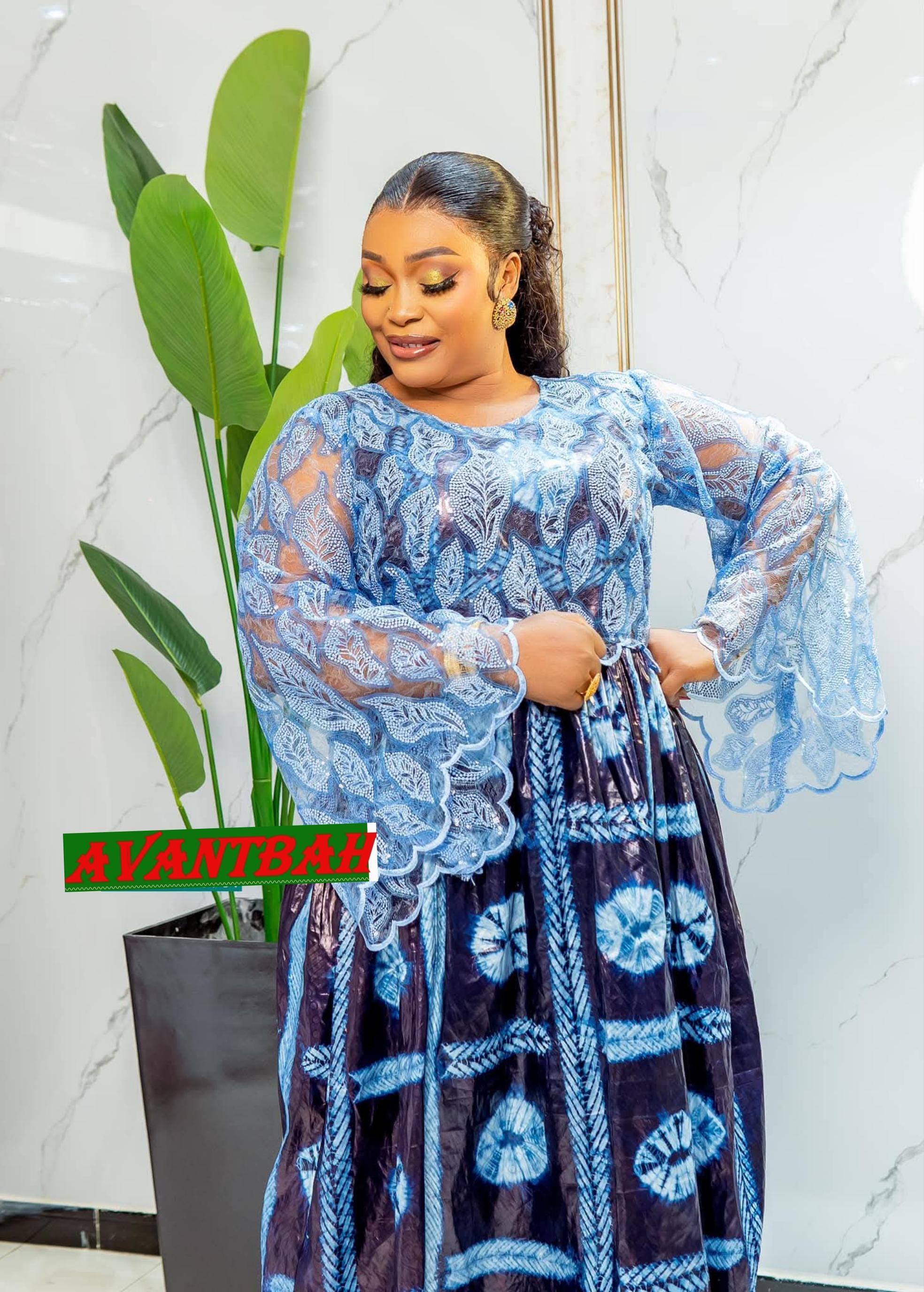 African Bazin Riche Lace Abaya Dress | Embroidered Grand Bubu, Blue Head Scarf