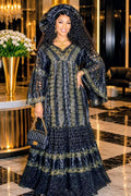 African Bazin Riche Lace Mix Abaya Dress | Elegant Embroidered Grand Bubu, Black Head Scarf