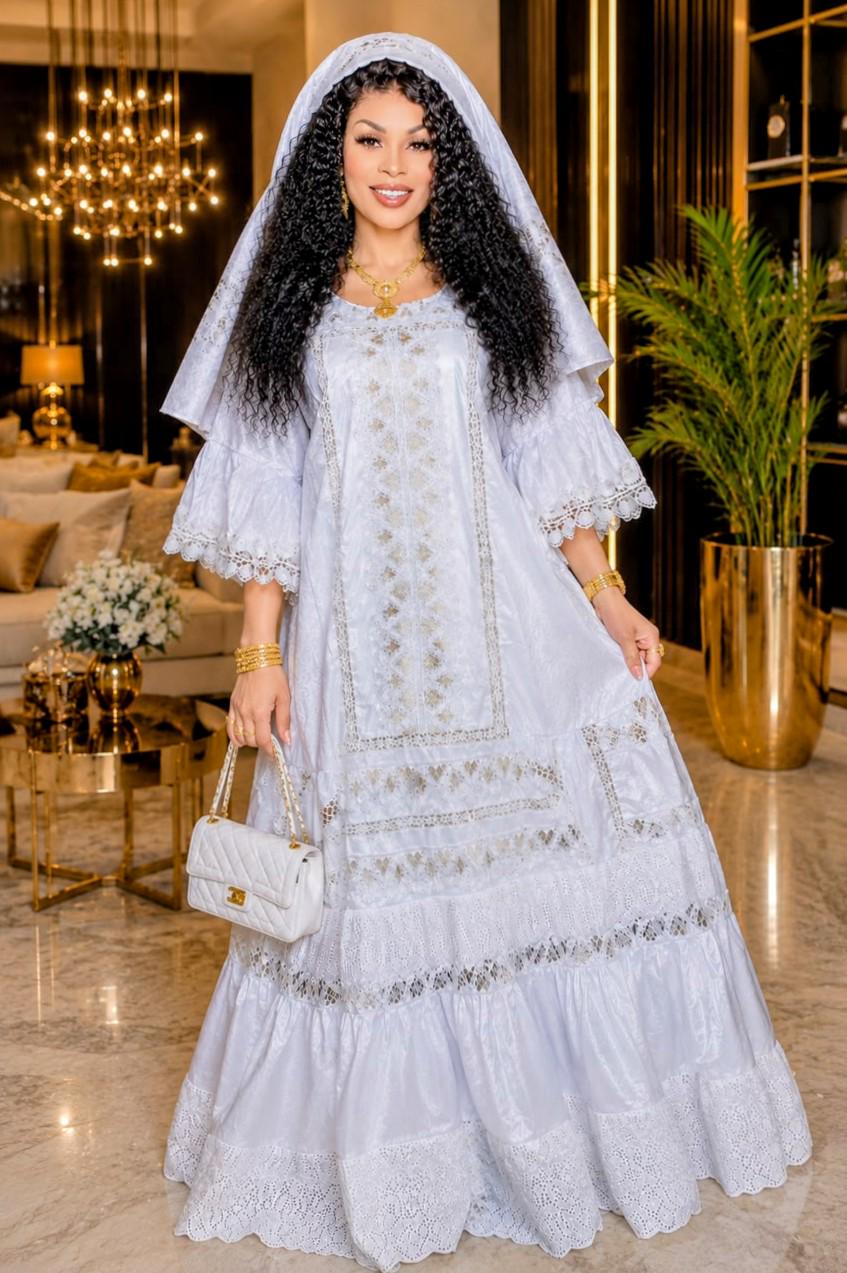 African Bazin Riche Lace Mix Abaya Dress | Elegant Embroidered Grand Bubu, White Head Scarf