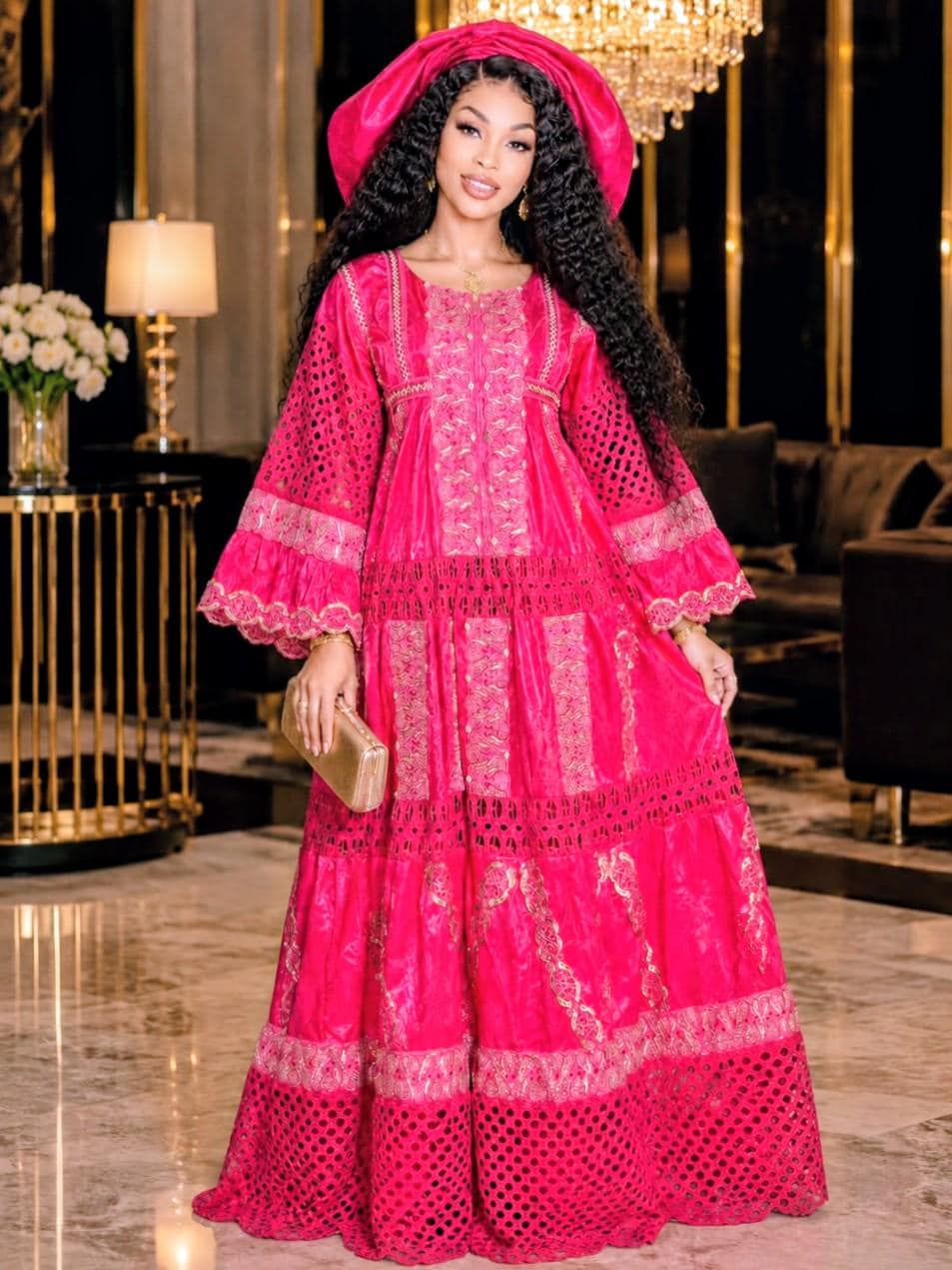 African Bazin Riche Lace Mix Abaya Dress | Elegant Embroidered Grand Bubu, Pink Head Scarf
