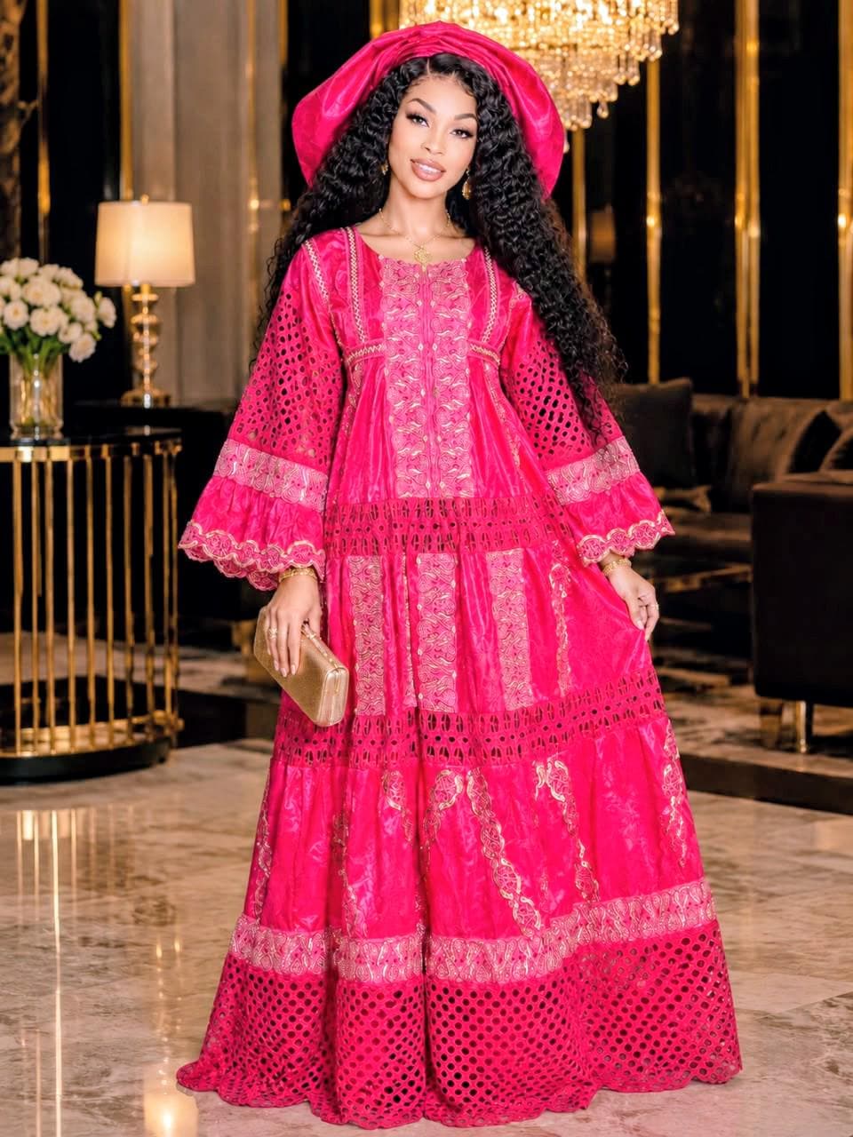 African Bazin Riche Lace Mix Abaya Dress | Elegant Embroidered Grand Bubu, Pink Head Scarf
