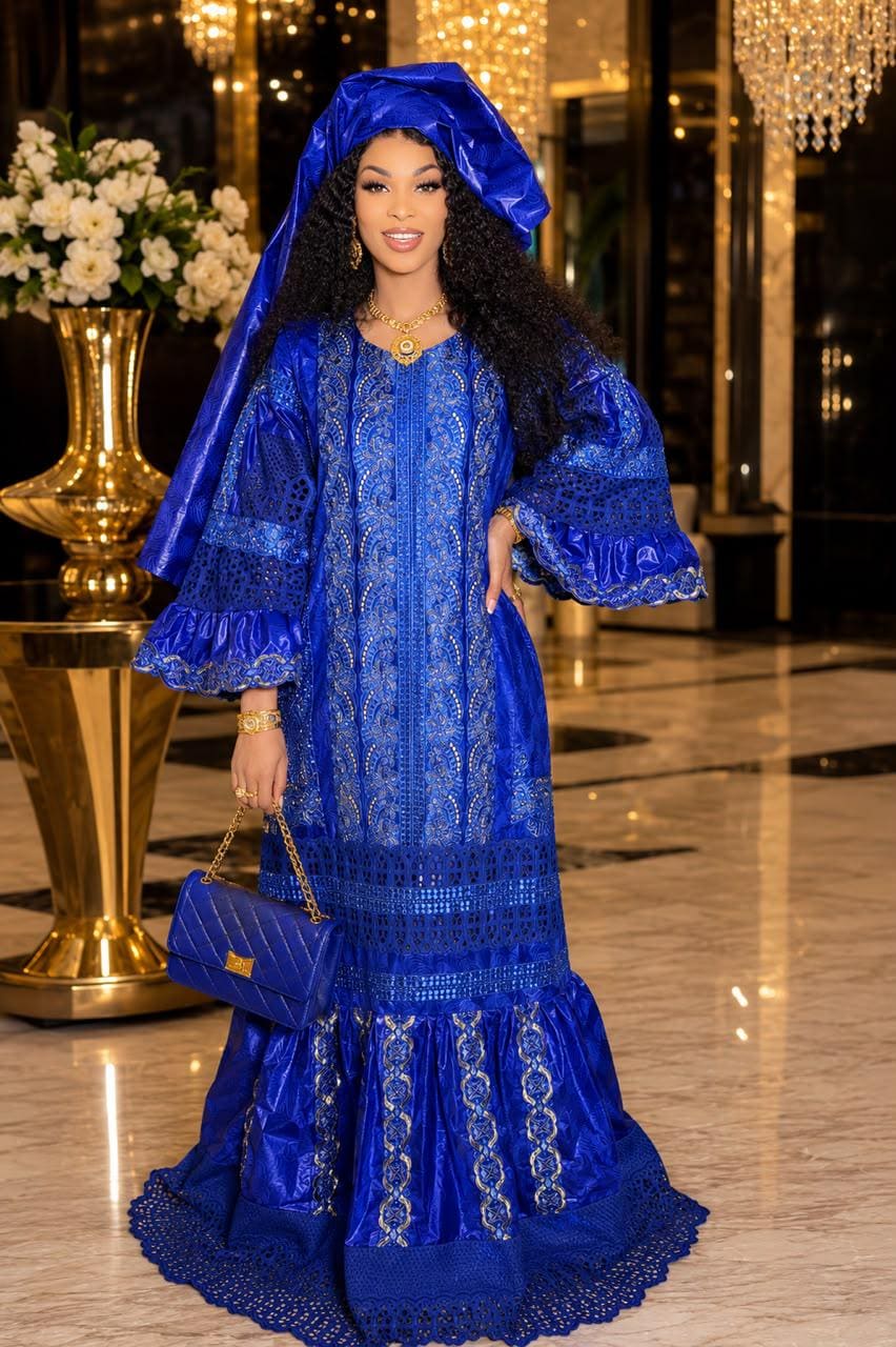 African Bazin Riche Lace Mix Abaya Dress | Elegant Embroidered Grand Bubu, Blue Head Scarf