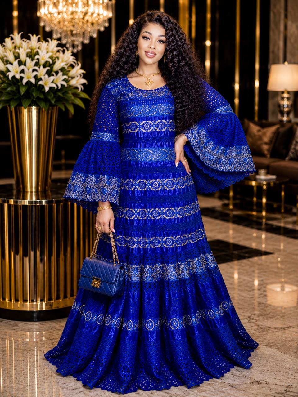 African Bazin Riche Lace Mix Abaya Dress | Elegant Embroidered Grand Bubu, Blue Head Scarf