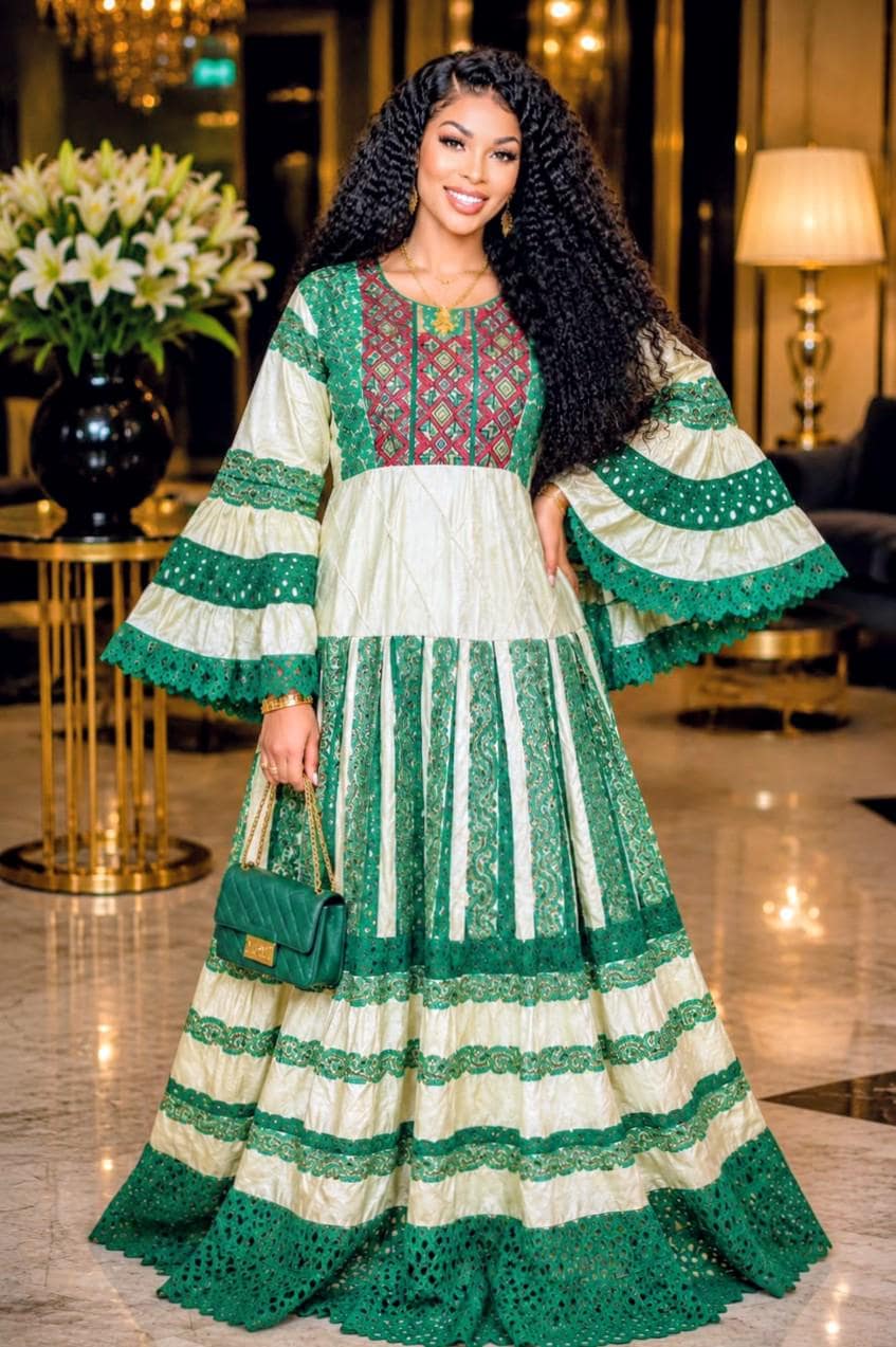 African Bazin Riche Lace Mix Abaya Dress | Elegant Embroidered Grand Bubu, Green/Red Head Scarf
