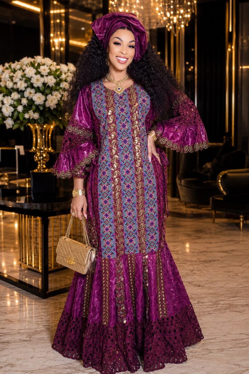 African Bazin Riche Lace Mix Abaya Dress | Elegant Embroidered Grand Bubu, Purple/Blue Head Scarf
