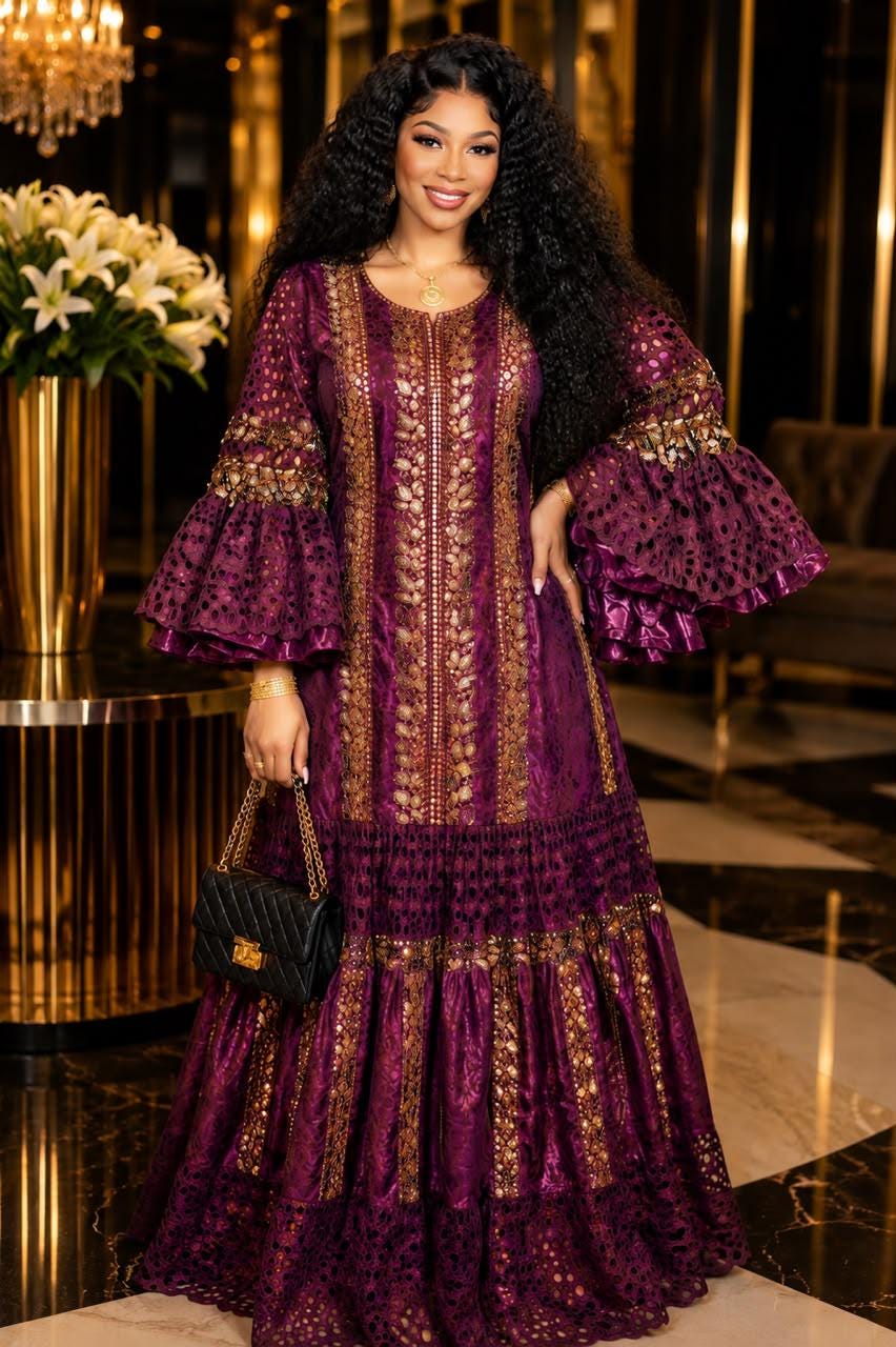 African Bazin Riche Lace Mix Abaya Dress | Elegant Embroidered Grand Bubu, Purple Head Scarf