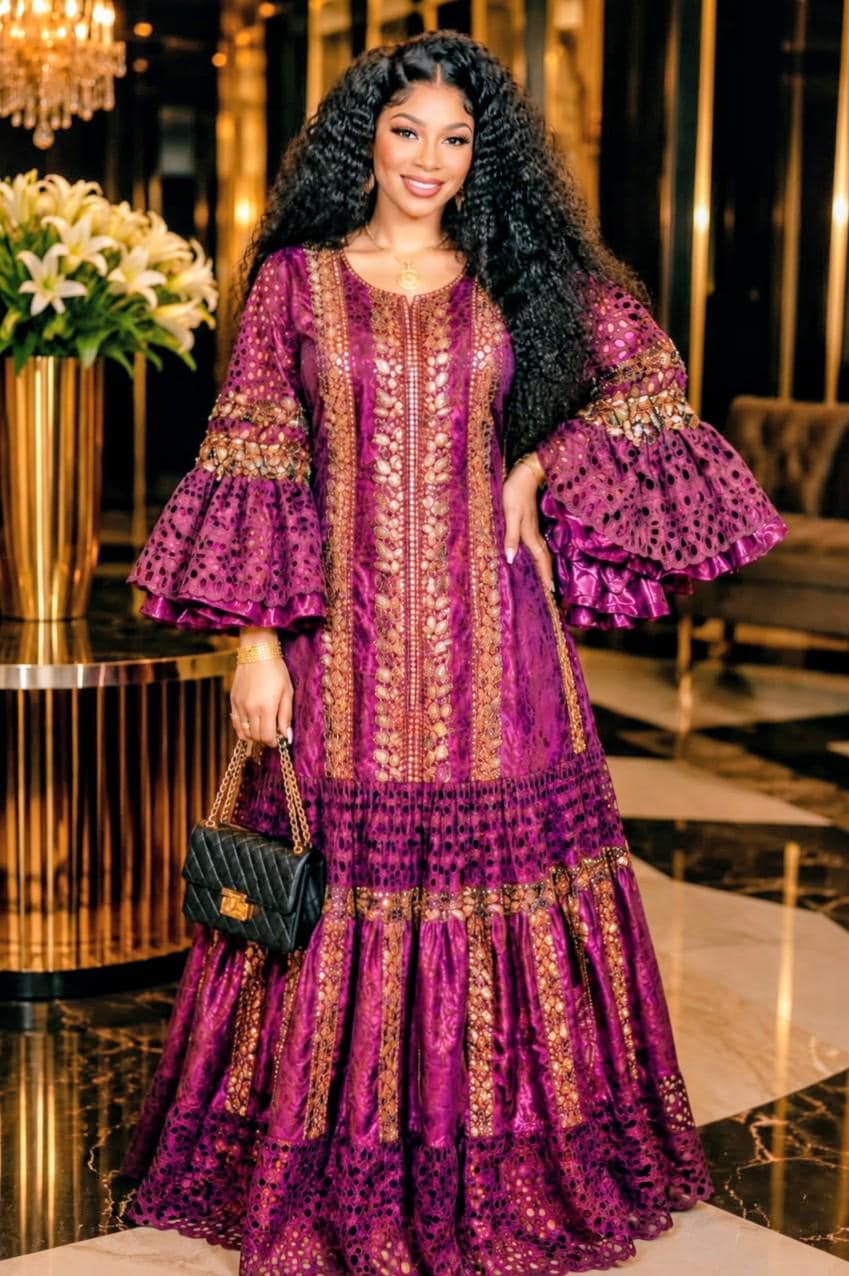 African Bazin Riche Lace Mix Abaya Dress | Elegant Embroidered Grand Bubu, Purple Head Scarf
