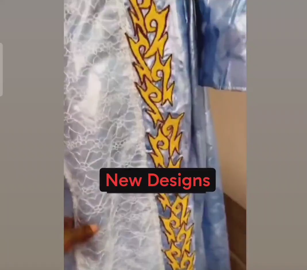 African Bazin Riche Abaya Dress | Elegant Embroidered Grand Bubu, Head Scarf In Blue