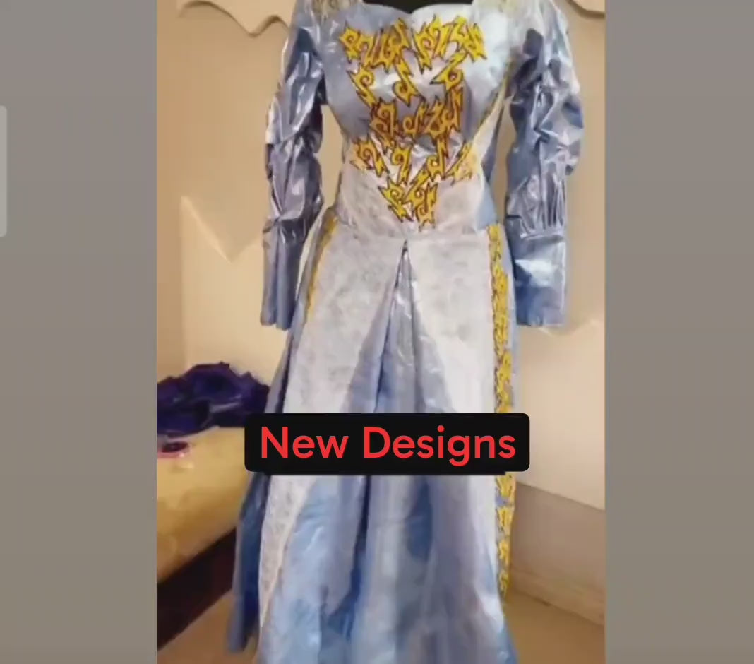 African Bazin Riche Abaya Dress | Elegant Embroidered Grand Bubu, Head Scarf In Brown/Blue
