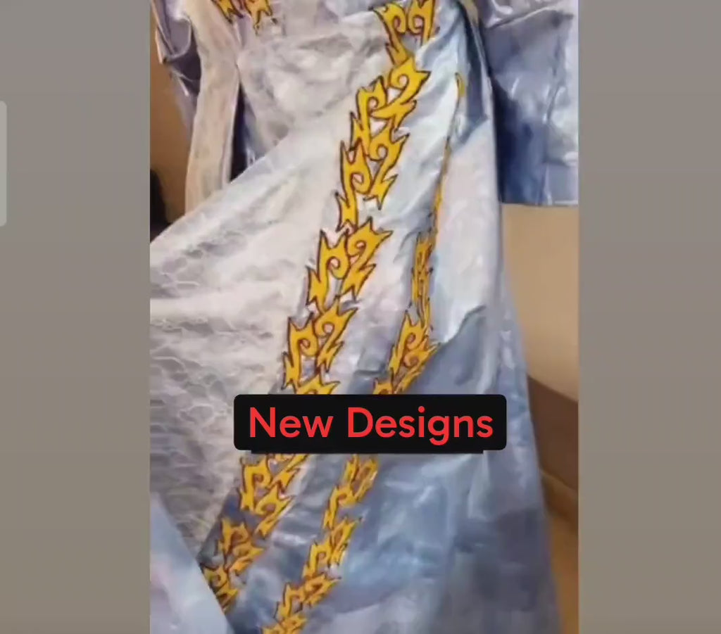 African Bazin Riche Abaya Dress | Embroidered Grand Bubu, Blue Head Scarf