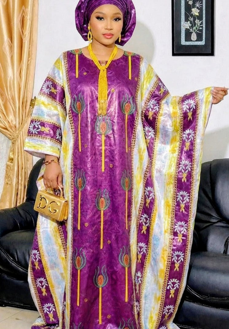 Bazin Riche Boubou | Gold Line Embroidery Traditional Wedding Dashiki Dress | Women