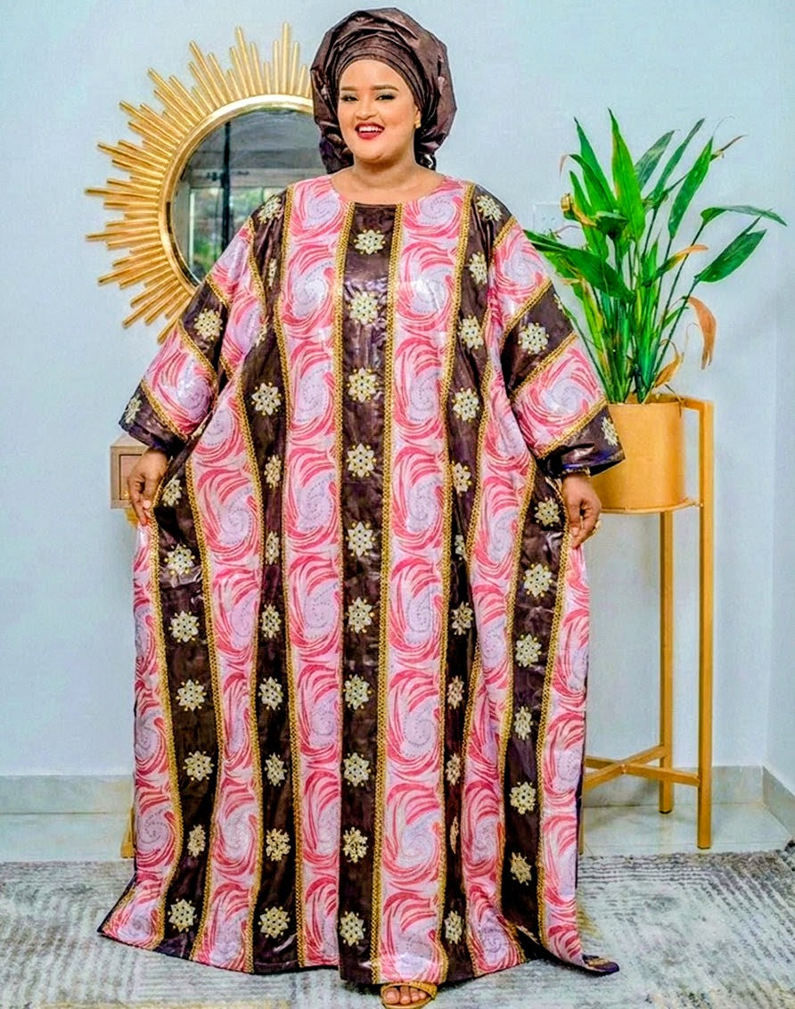 Bazin Riche Boubou | Gold Line Embroidery Traditional Wedding Dashiki Dress | Women