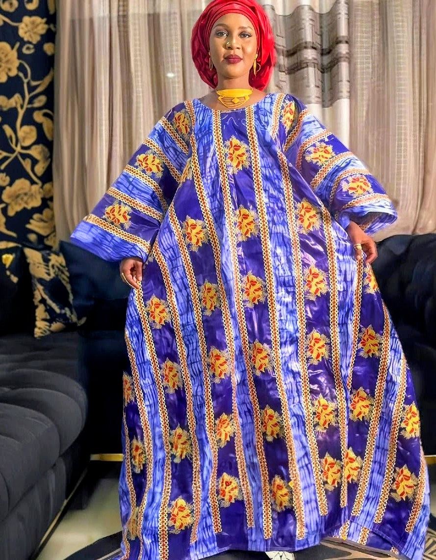 Bazin Riche Boubou | Gold Line Embroidery Traditional Wedding Dashiki Dress | Women