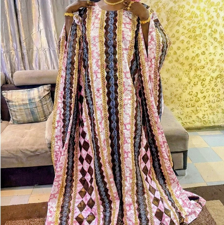 Bazin Riche Boubou | Gold Line Embroidery Traditional Wedding Dashiki Dress | Women